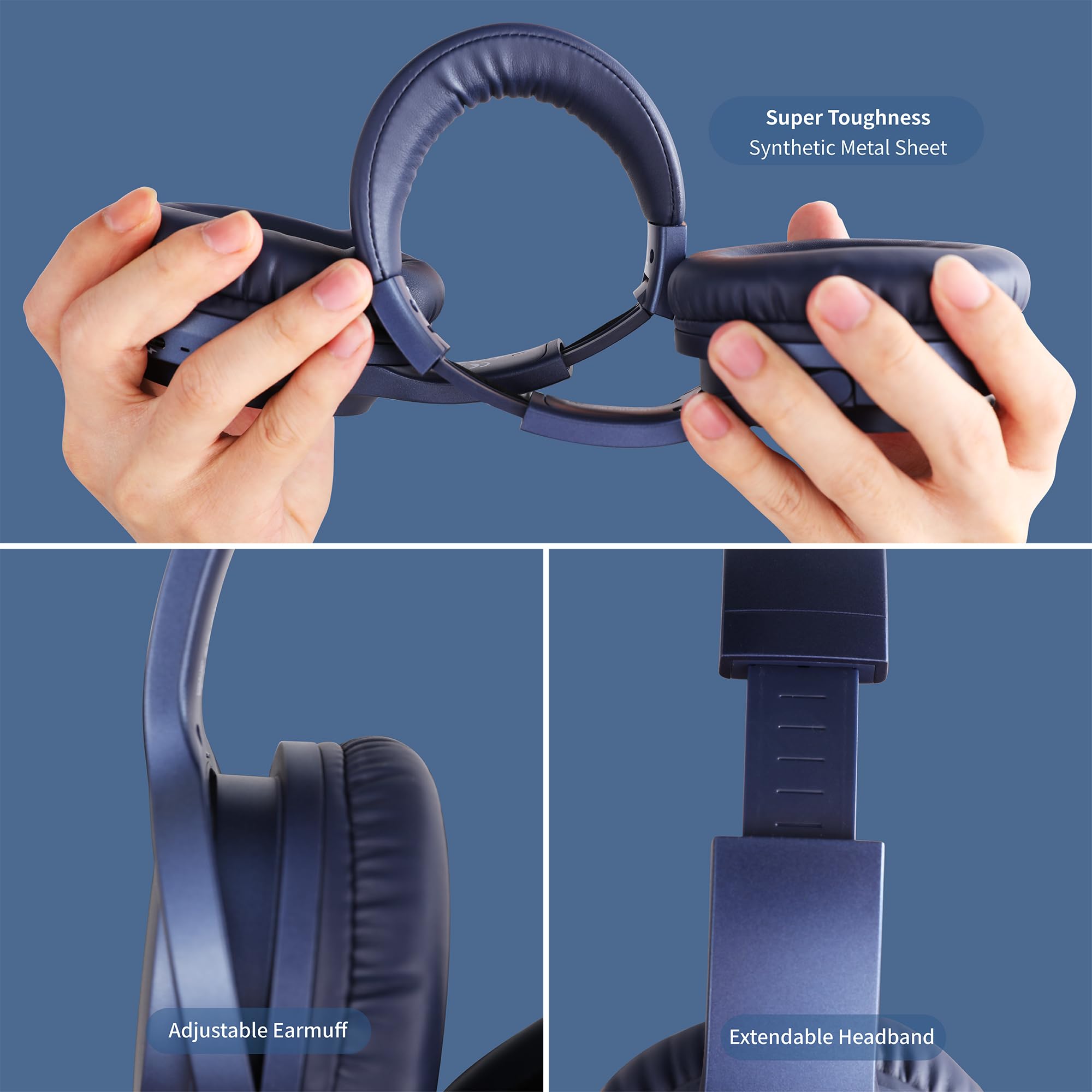 Premium Wireless Bluetooth Headphones - 120H Playtime, Over-Ear with Built-in Mic, Lightweight Foldable Design & Carrying Case - HiFi Stereo Sound for Travel, Work, Gaming & Home Entertainment (Blue)
