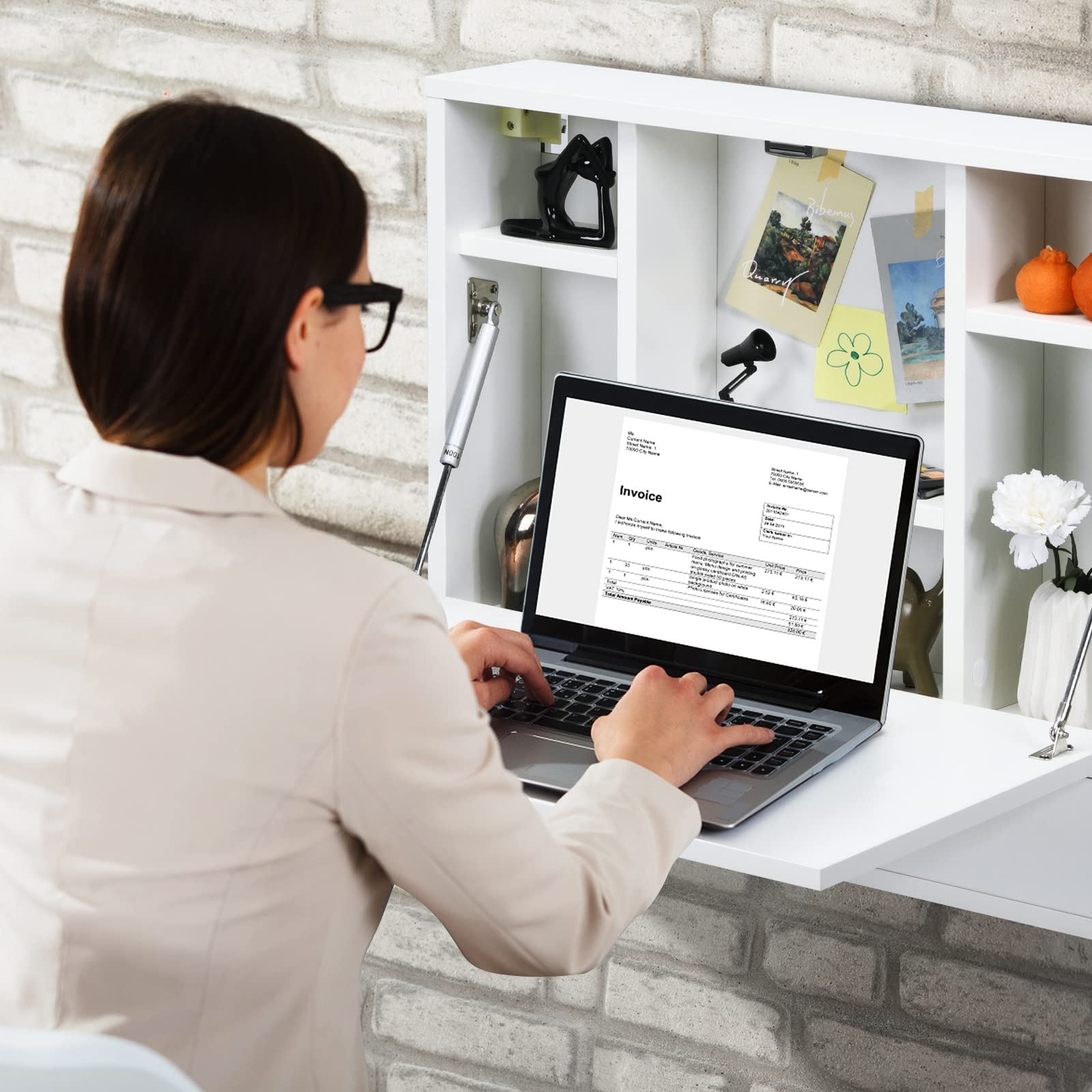 Wall Mounted Floating Desk - Foldable Computer Desk with Storage Shelves & Drawer, Space Saving Wall-Mounted Writing Desk for Small Spaces | Perfect for Home Office, Dorm Room & Studio (White)