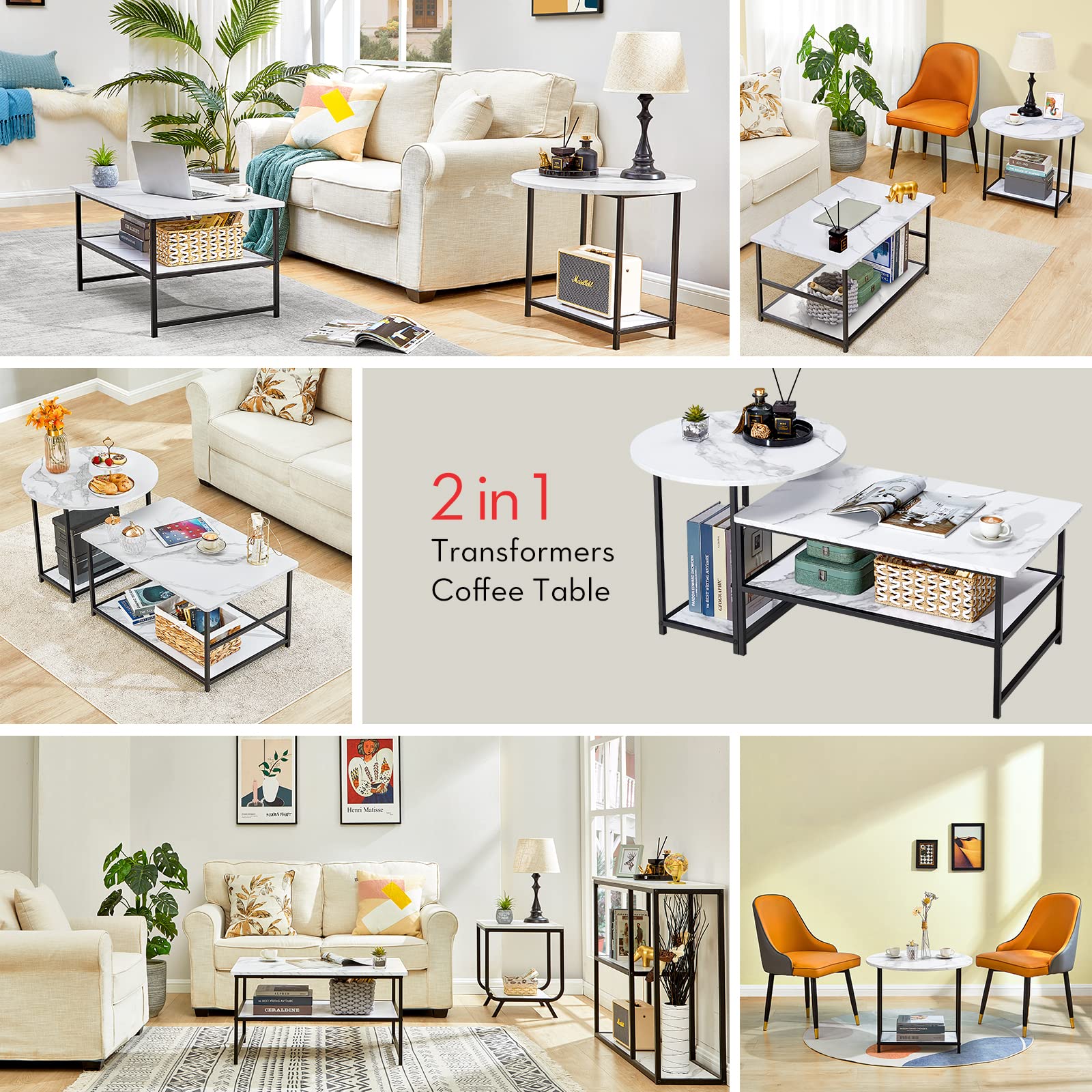 WOHOMO White Modern Coffee Table Set - Detachable 2-Piece Faux Marble Living Room Table | Perfect for Small Spaces, Apartment Decor & Lounge Areas