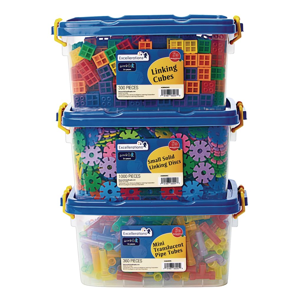 Excellerations 1660-Piece Educational Building Set - Linking Discs, Mini Tubes & Grid Cubes for Preschool STEM Learning | 3 Storage Bins | Creative Construction Toys for Kids Classroom & Home Play