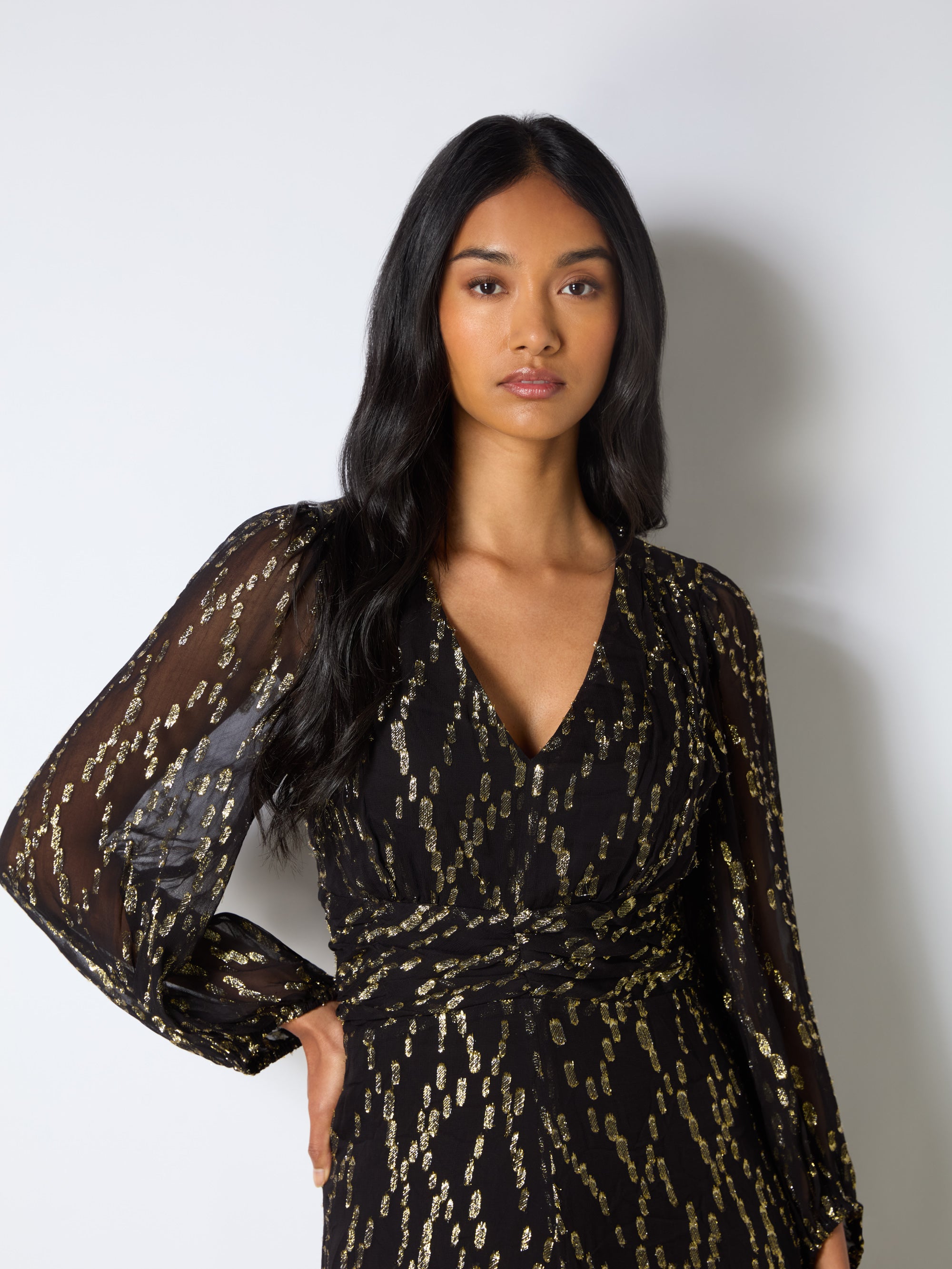 Elegant Gold Foil V-Neck Midi Dress for Women - Perfect for Cocktail Parties, Weddings & Evening Events