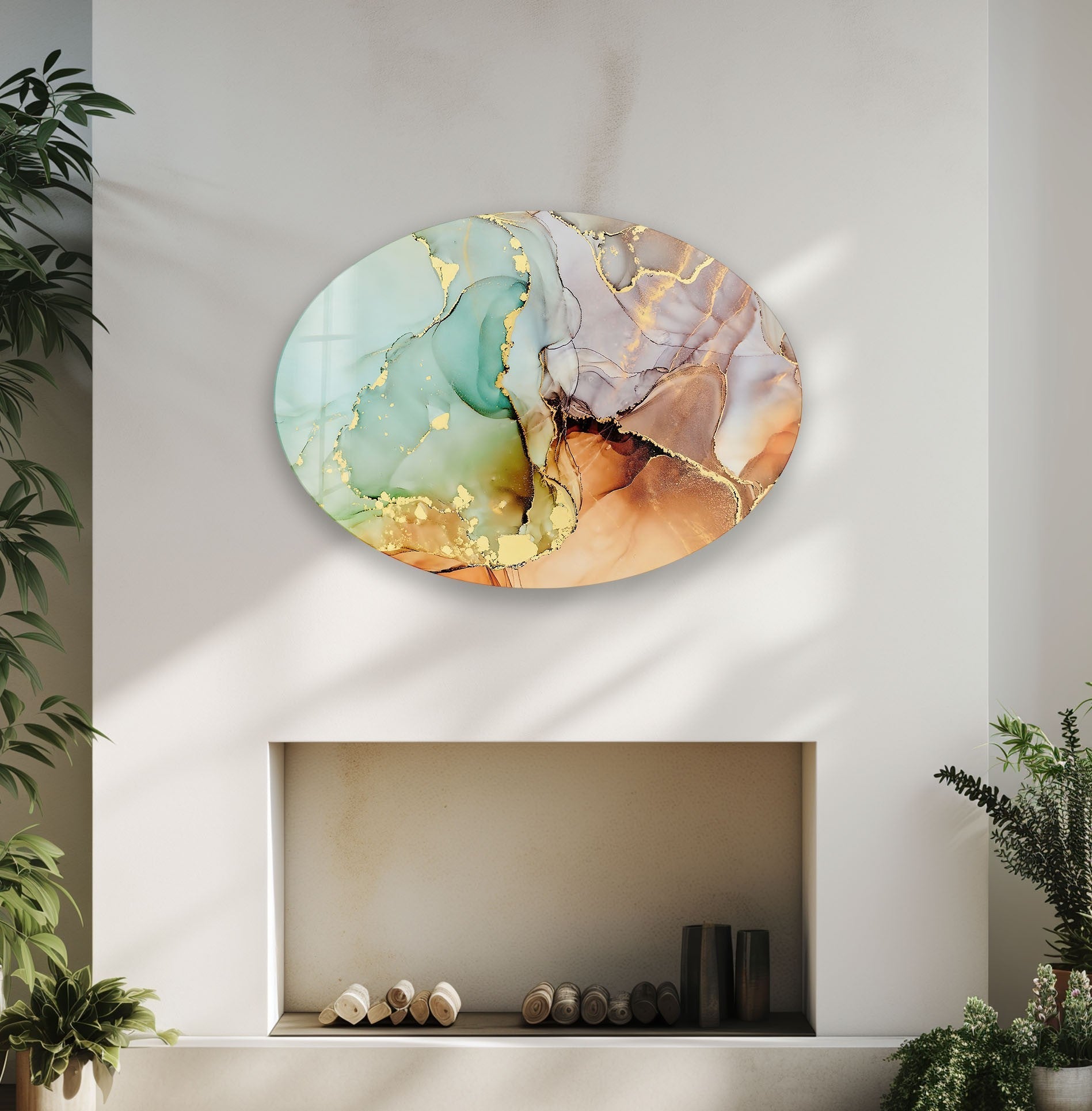 Abstract Golden Marble Glass Wall Art - Modern Asymmetric Oval Design for Living Room, Bedroom & Office Decor | Handmade Contemporary Home Wall Decor