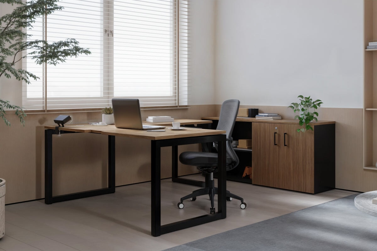 Premium L-Shaped Quadro Loop Executive Desk with Black Legs - 1600L x 1800W with Cable Management Scallop for Home Office & Workspace Setup