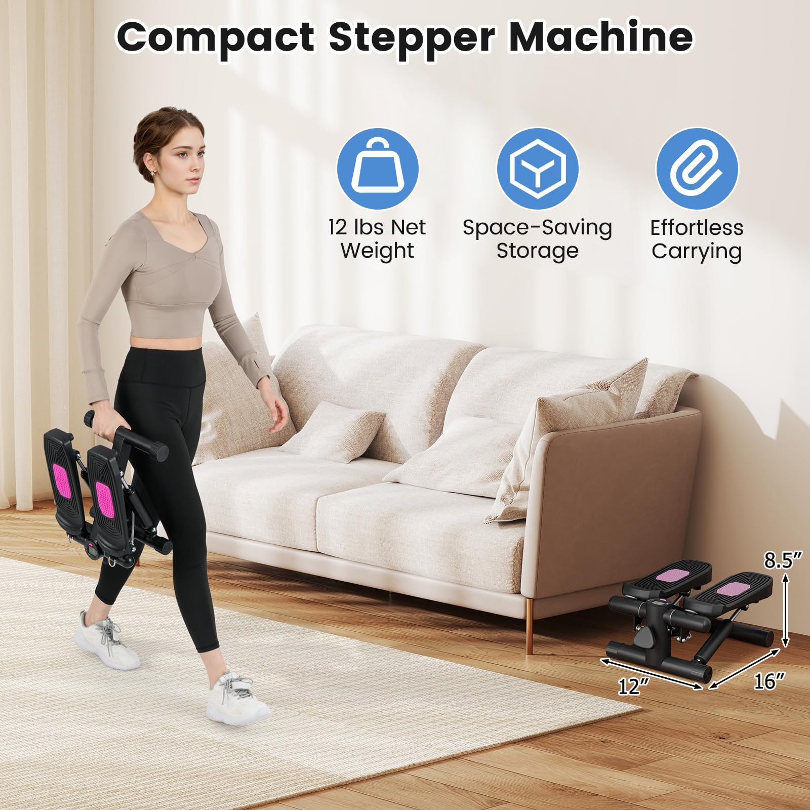 GYMAX Hydraulic Mini Stair Stepper with Resistance Bands & LCD Monitor - Portable Under Desk Cardio Equipment for Home Gym, Indoor Workout & Office Exercise - Compact Stepping Machine for Weight Loss & Fitness Training