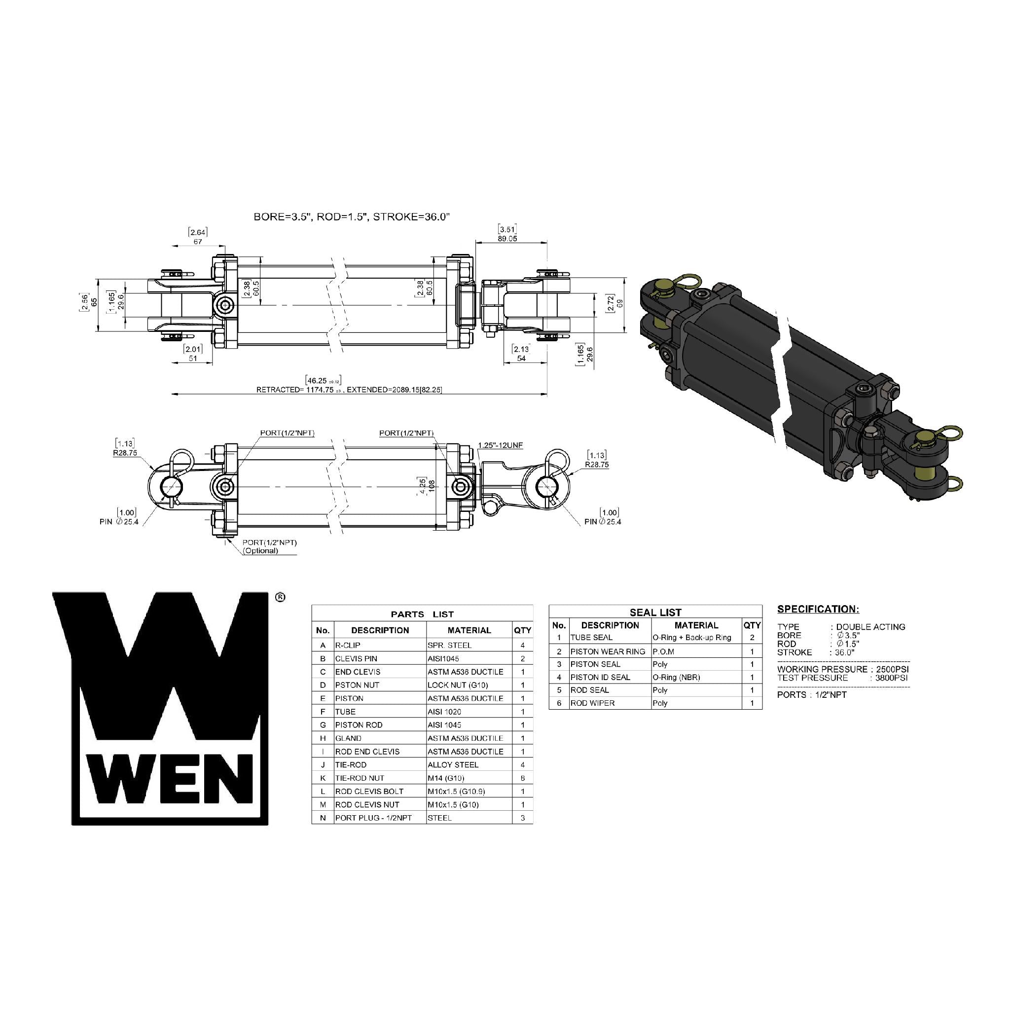 WEN TR3536 2500 PSI Hydraulic Tie Rod Cylinder - 3.5 Inch Bore, 36 Inch Stroke for Heavy-Duty Construction & Industrial Equipment