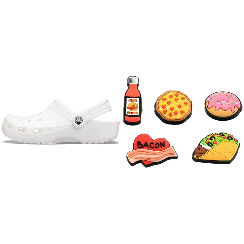 Crocs Classic Clog Shoes for Men & Women with 5-Pack Foodie Jibbitz Charms - Comfortable Slip-On Water Shoes for Beach, Pool & Casual Wear