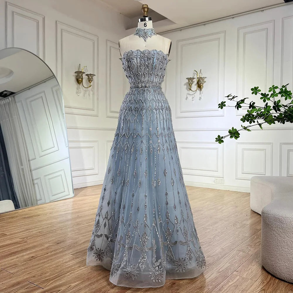 Luxury Dubai Arabic A-Line Elegant Blue Saudi Evening Gown with Beaded Details - Formal Occasion Abaya Dress for Weddings, Parties & Special Events LA72717