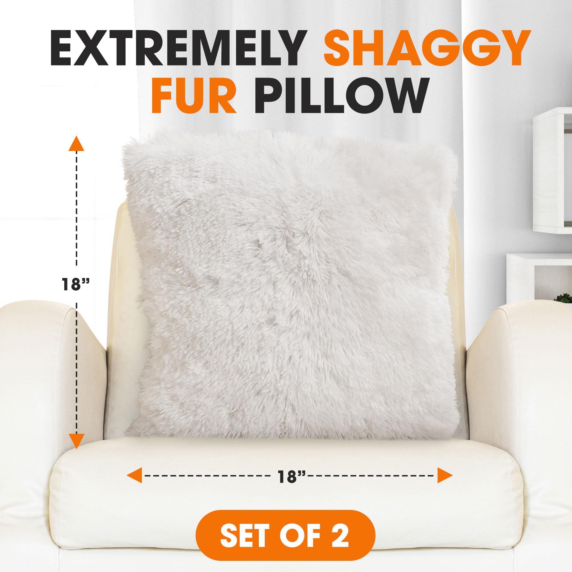Soft Shaggy Faux Fur Throw Pillows Set of 2 (20x20 Inches) - Cozy Long Hair Decorative Cushions with Inserts for Sofa, Bed & Home Decor - Perfect for Living Room, Bedroom & Dorm - White