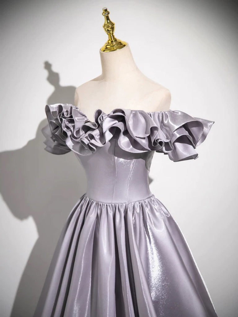 Elegant A-Line Off Shoulder Satin Gray Long Prom Dress - Formal Evening Gown for Homecoming, Wedding & Special Occasions