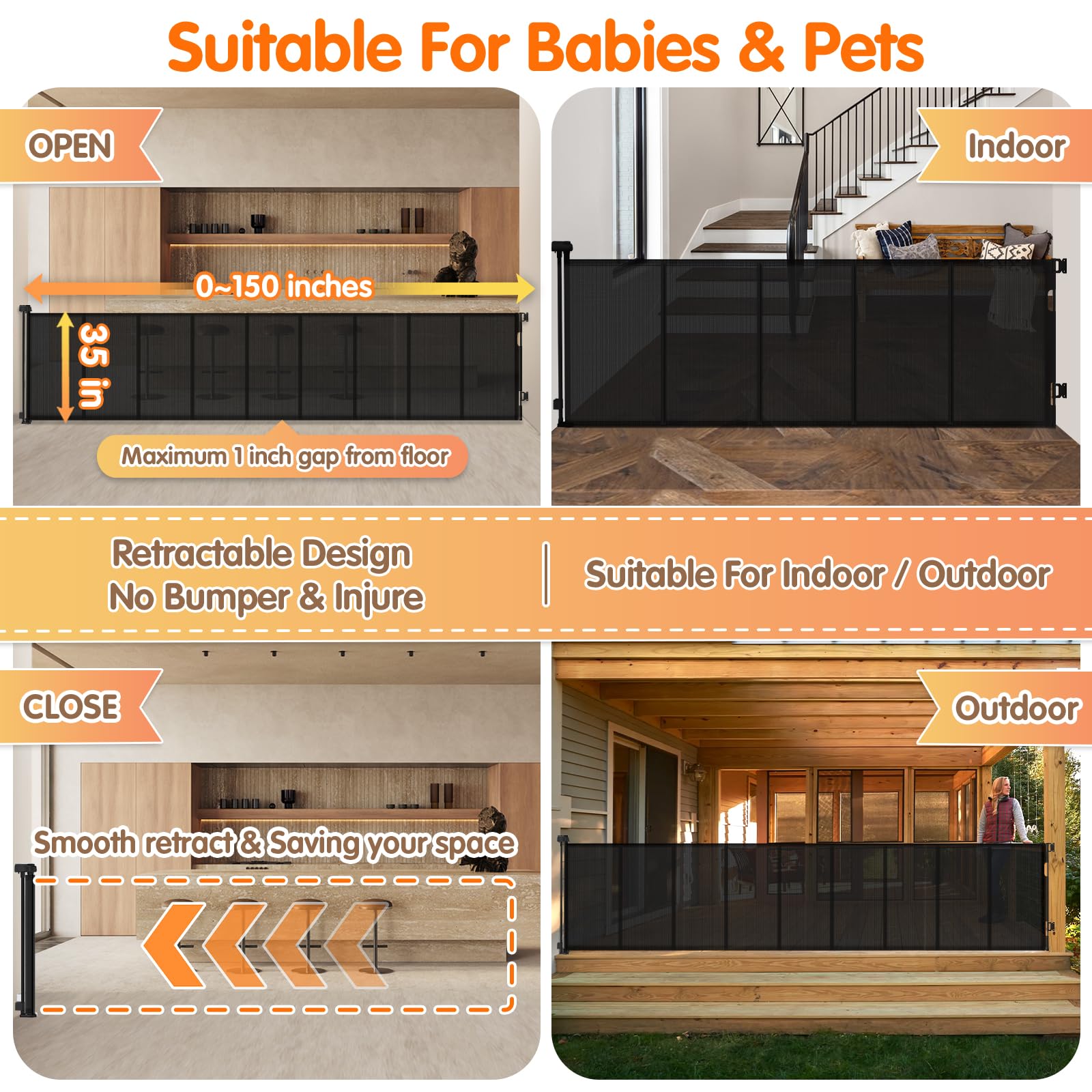 AMAZKRUS Retractable Baby & Pet Gate - Extra Wide 150'', Tall 35'' - Safety Gate for Doorways, Stairs, Hallways - Indoor/Outdoor Use for Babies, Dogs & Pets - Perfect for Home Safety & Childproofing