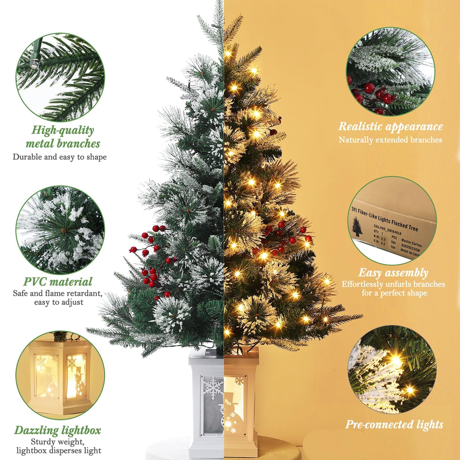 GARVEE 3 FT Pre-Lit Artificial Christmas Tree with 78 LED Lights, Snowflakes & Red Berries - 8 Lighting Modes with Snowman Base | Perfect for Home Decor, Porch, Office & Holiday Party Decoration