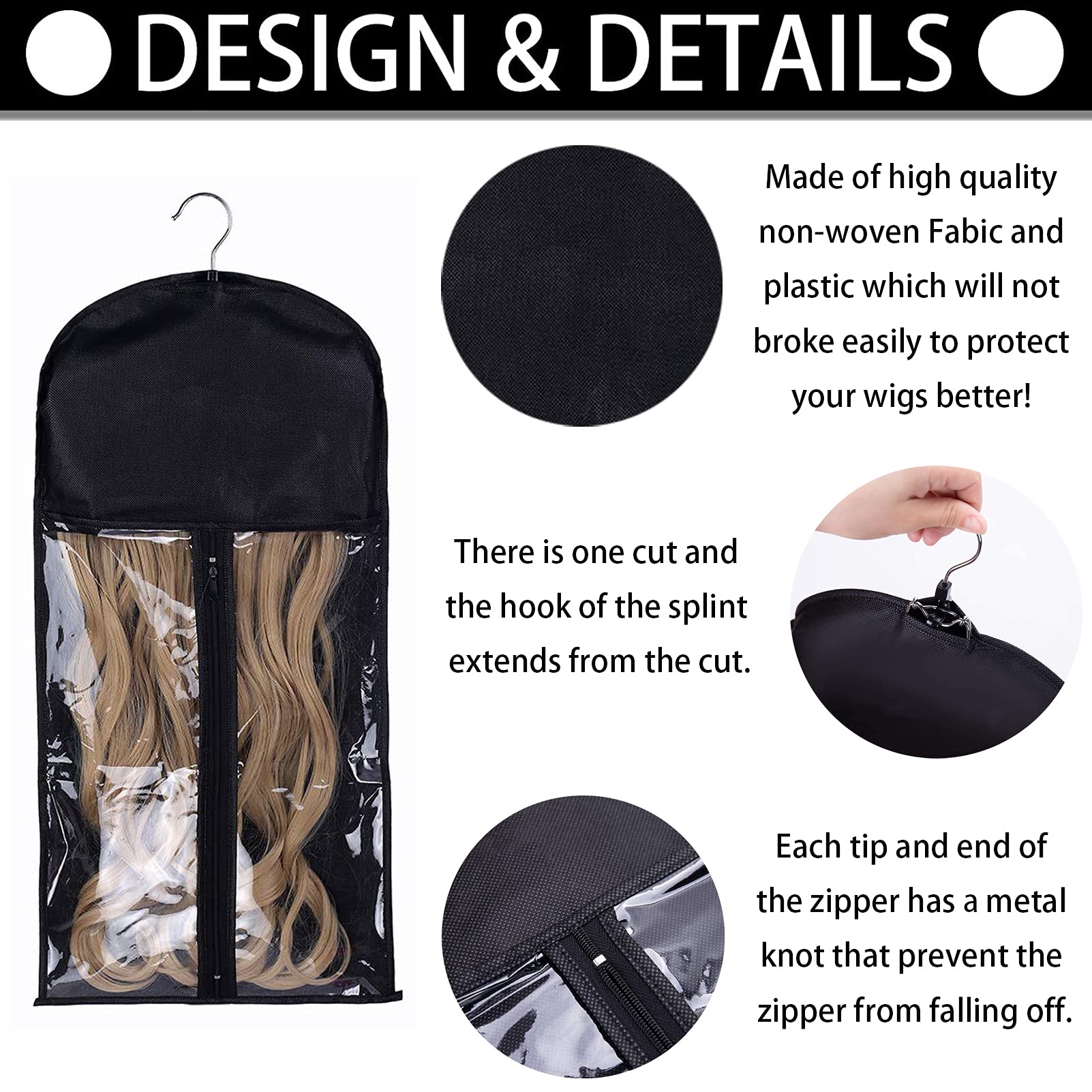 10pcs Wig Storage Bags with Wooden Hangers - Dustproof Hair Extensions Organizer for Beauty Salon, Travel & Daily Use (Black Bags + Black Hangers) - Perfect for Wig Protection & Storage at Home or On-the-Go