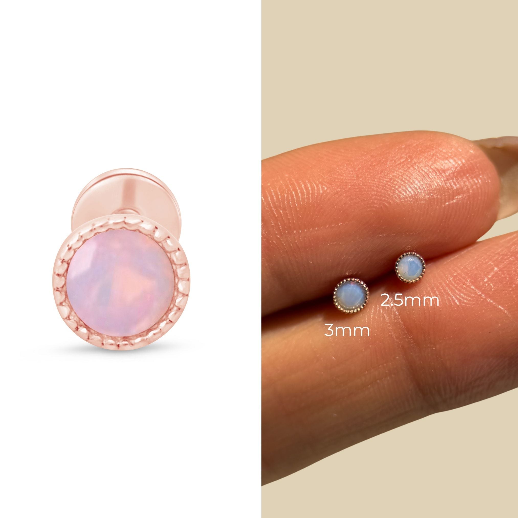 14K Rose Gold Pink Opal Stud Earrings with Milgrain Detail - Dainty Flat Back Earrings for Women, Perfect for Everyday Wear & Special Occasions
