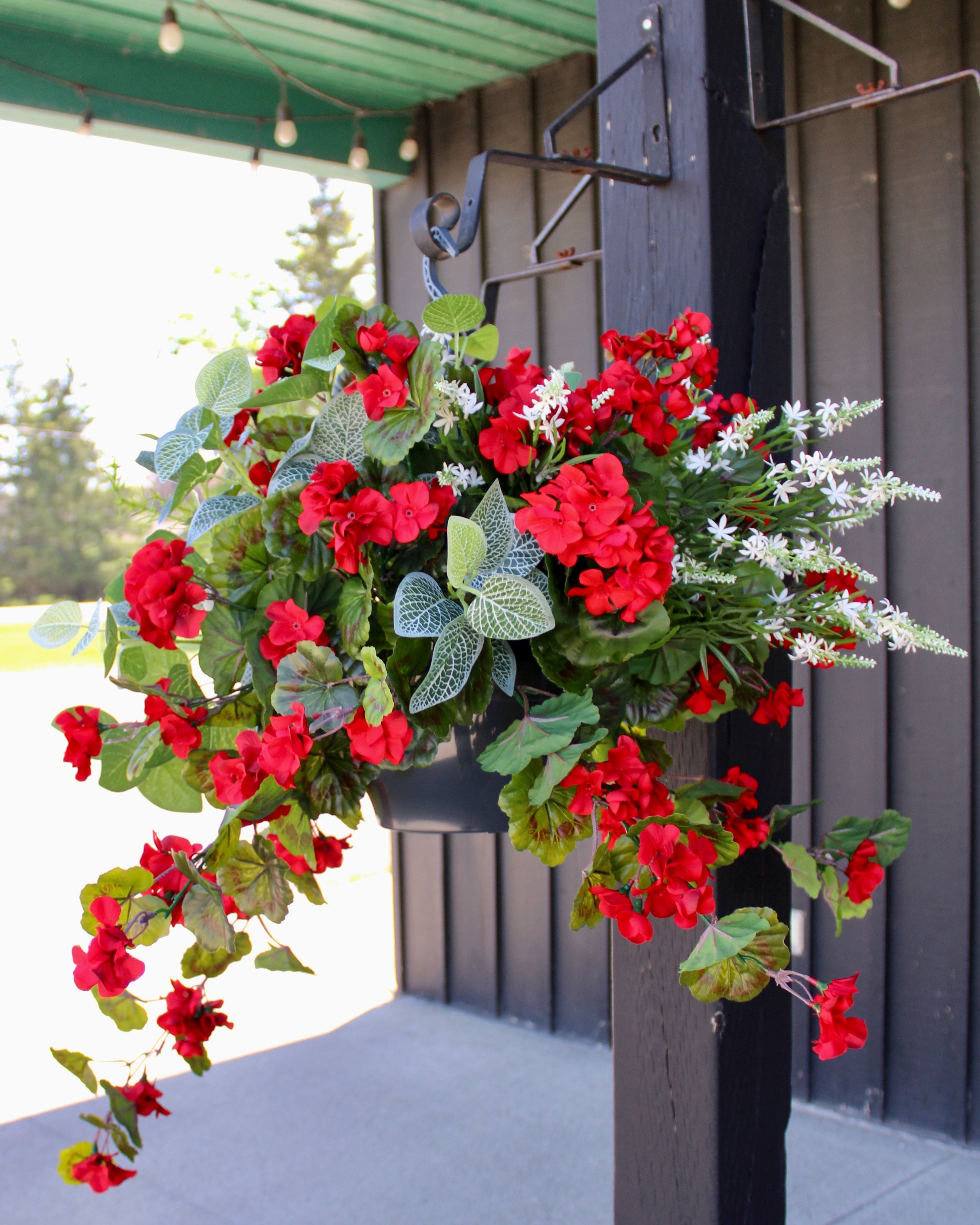 Red and White Hanging Basket Planter - Indoor/Outdoor Flower Pot for Home, Garden, and Patio Decor