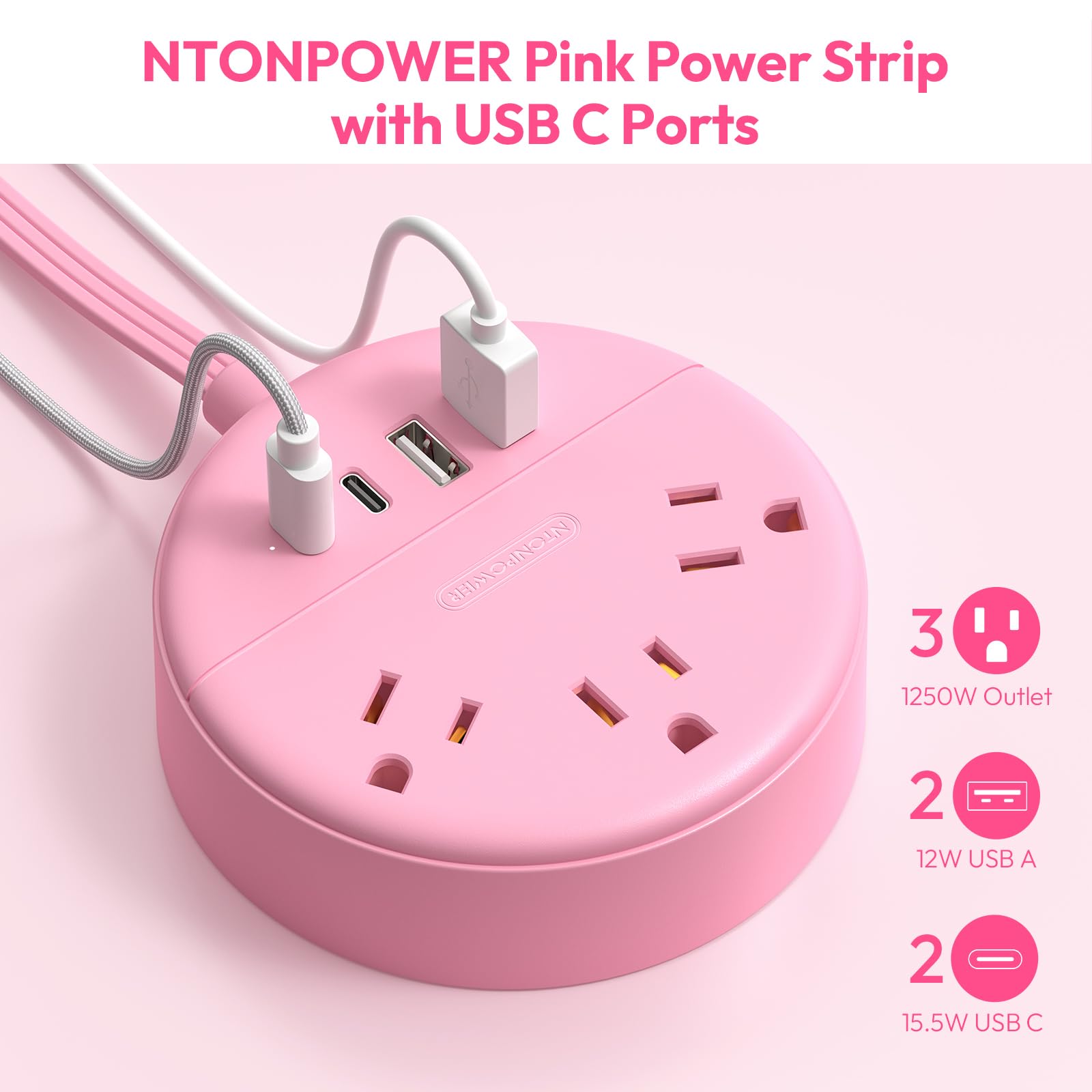 NTONPOWER 10 ft Pink Flat Plug Extension Cord with 2 USB-C & 2 USB-A Ports, Low Profile Power Strip for Under Carpet - Wall Mountable for Home, Office, Dorm Room, Vanity Desk & Nightstand | Perfect for Charging Devices, Powering Lamps & Small Appliances
