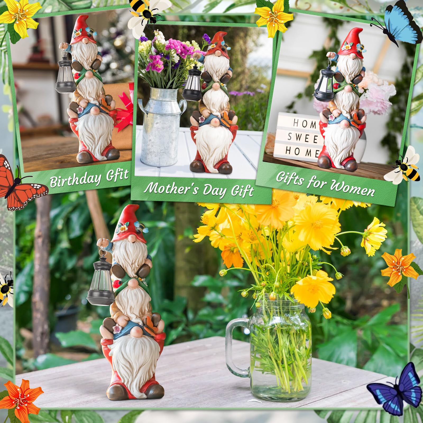 Solar-Powered Large Garden Gnome Statue - Funny Triple Gnome Outdoor Decor for Patio, Lawn, Yard & Balcony - 12 Inch Spring Gnomes Home Gift for Women & Mom - Perfect for Garden Parties & Outdoor Lighting