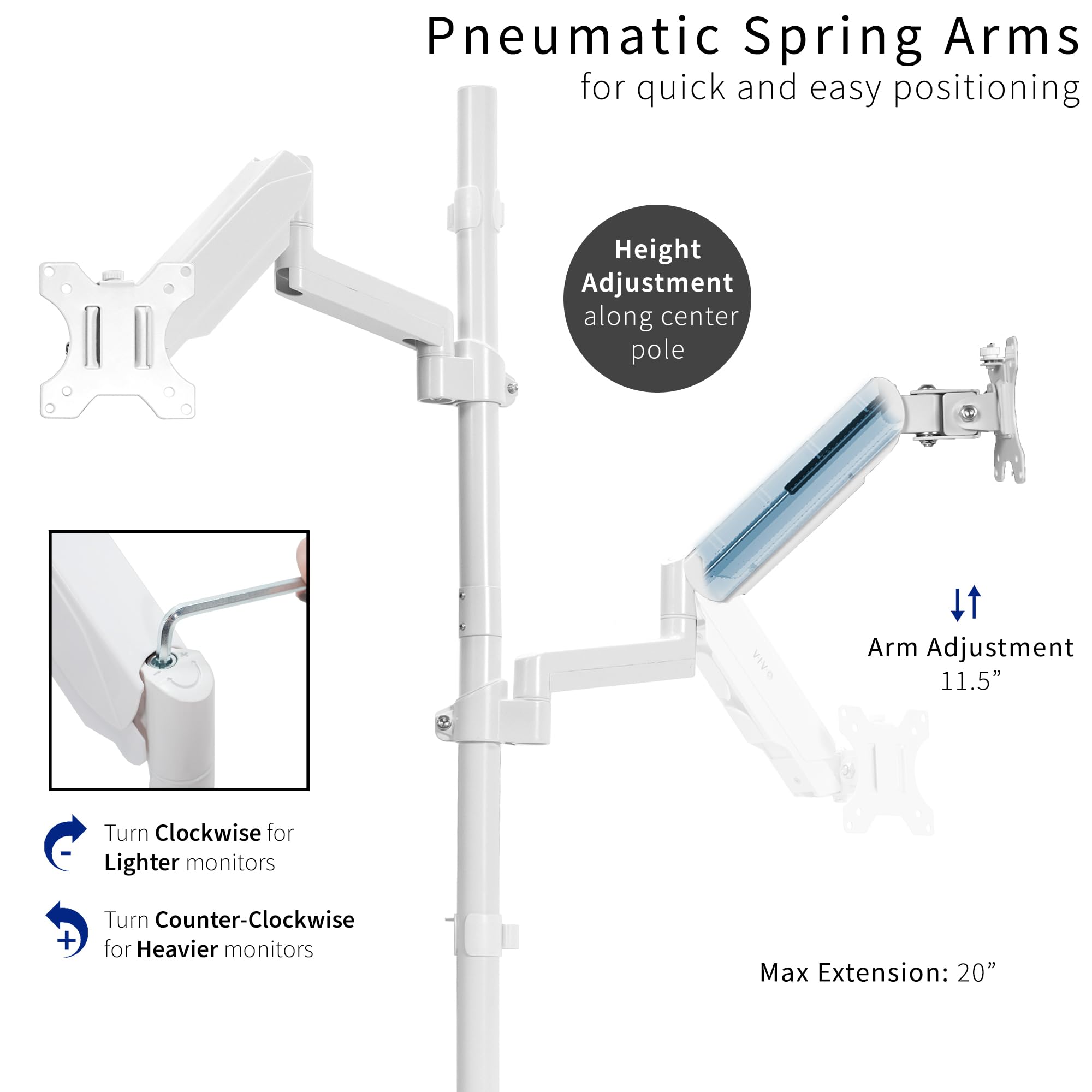 VIVO Dual Monitor Arm Stand for 32 inch Screens - Extra Tall Pneumatic Height Adjustable Heavy Duty VESA Mount with Full Motion Articulation, C-Clamp & Grommet Base (White, STAND-V012KW) - Perfect for Home Office, Gaming Setup & Workspace Ergonomics