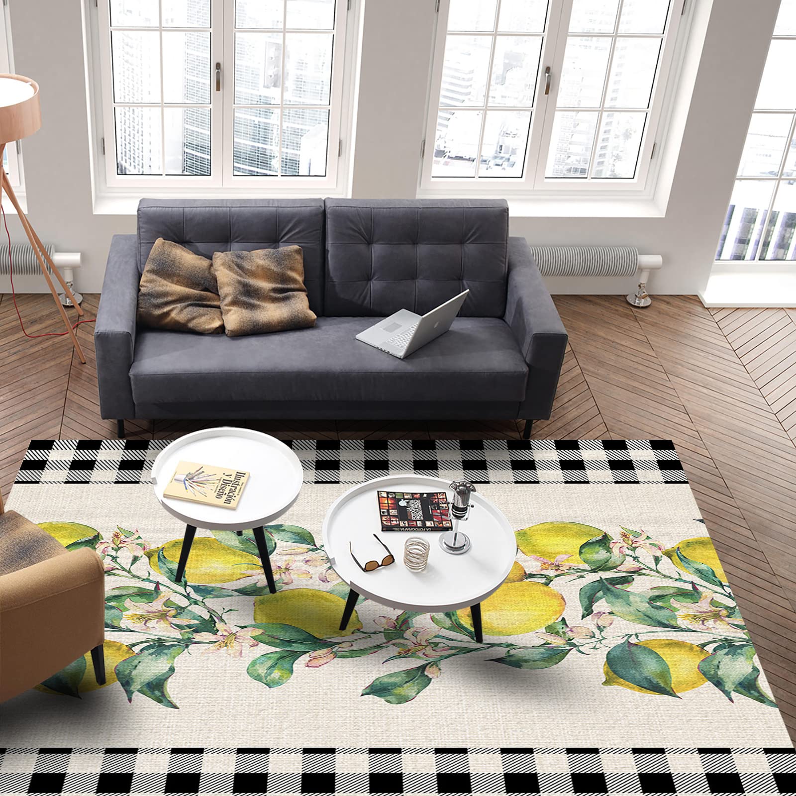 5'x8' Non-Slip Large Area Rug - Summer Lemon Floral Pattern, Soft Plush Carpet for Living Room, Bedroom, Kids Room & Kitchen Floor Cover - Retro Backdrop for Home Decor, Photo Shoot & Cozy Interior Design