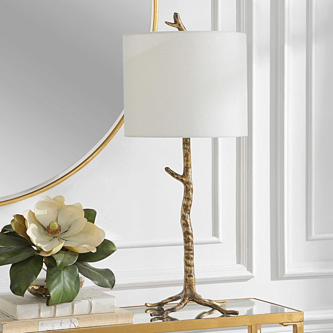 Elegant Gold Branch Table Lamp with Linen Shade - Modern Home Office & Bedroom Lighting Decor for Cozy Ambience