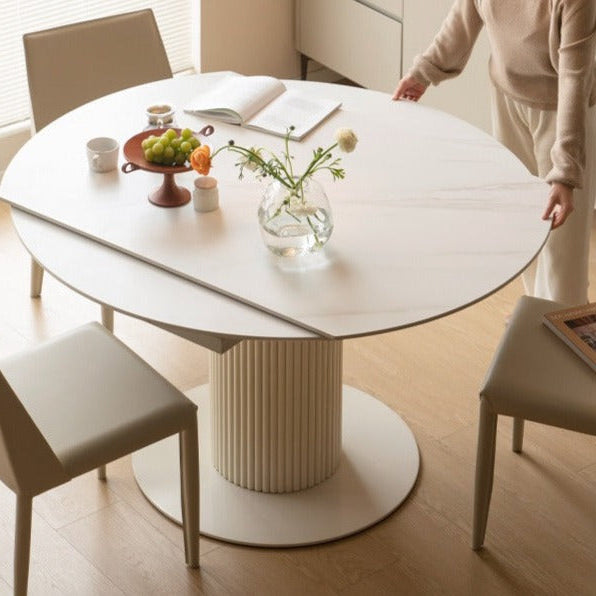 Solid Oak Wood Round Extendable Dining Table with Rock Plate Design - Cream Finish for Modern Dining Room & Kitchen Decor