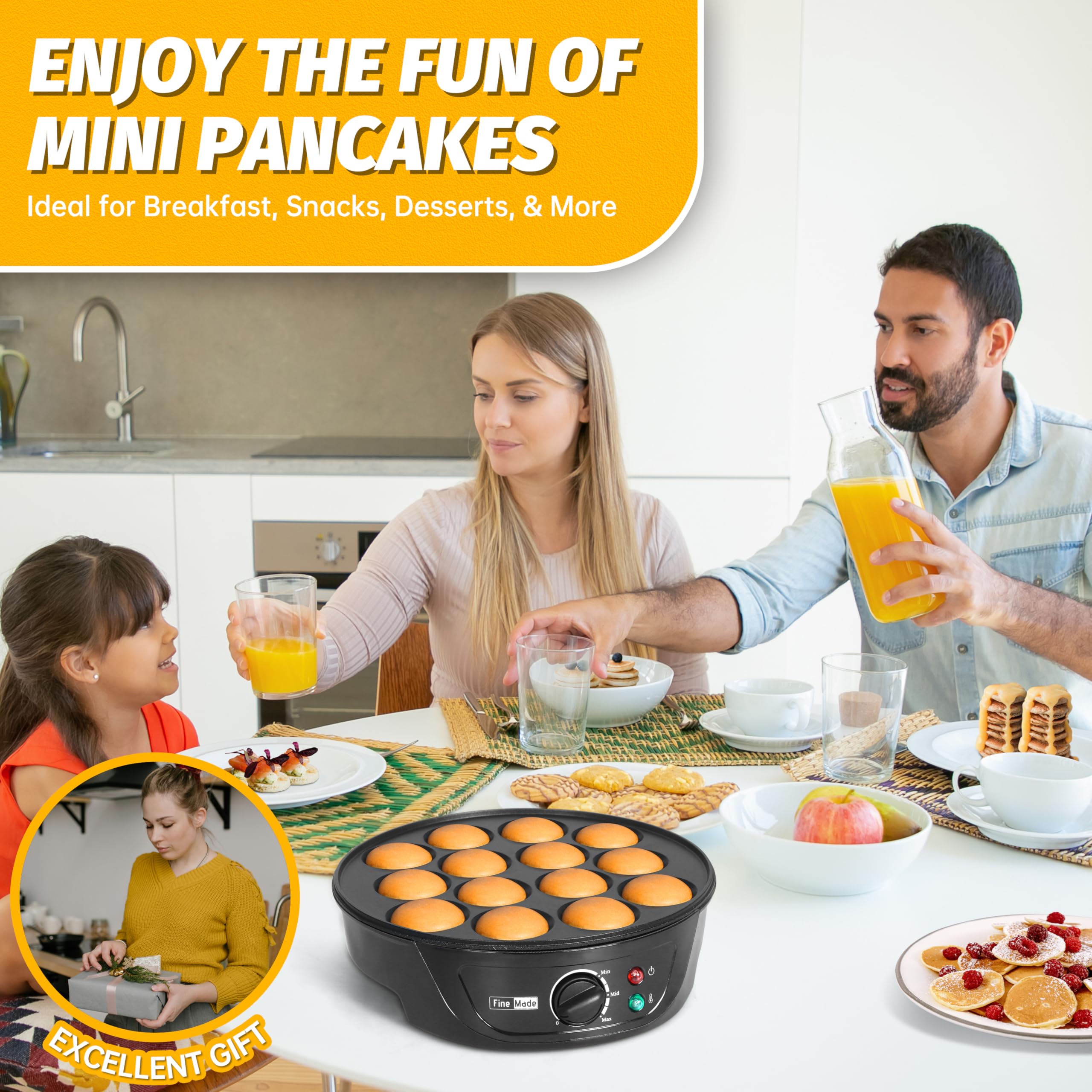 Non-Stick Electric Pancake Maker Machine - 14 Slots Dutch Poffertjes & Aebleskiver Pan with Browning Control - Includes Brush & Forks - Perfect for Breakfast, Brunch, and Family Gatherings - Black