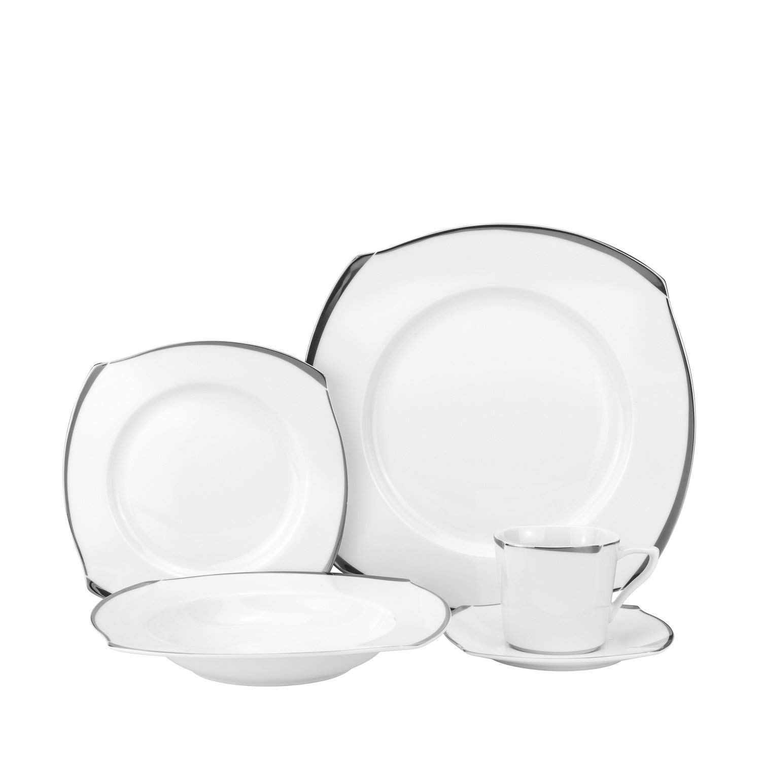 Royal Platinum Wave 20-Piece Bone China Dinnerware Set - Elegant Square Porcelain Plates, Bowls & Cups for Formal Dining, Entertaining & Special Occasions