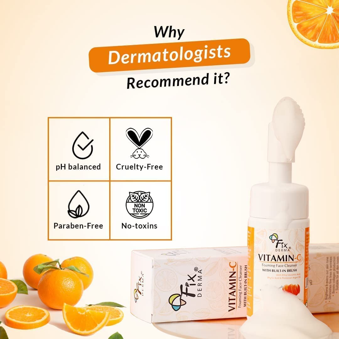 Vitamin C Foaming Face Cleanser with Brush - Brightening & Anti-Aging Facial Wash for Women & Men | Evens Skin Tone, Reduces Wrinkles & Exfoliates | 100ml | Perfect for Morning & Night Skincare Routine