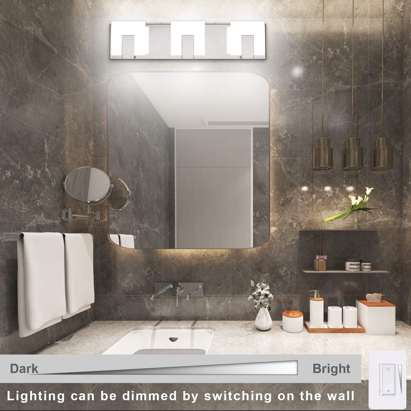 Aipsun 3-Light Dimmable Modern LED Vanity Light - Frosted White Acrylic & Chrome Finish - Up/Down Bathroom Wall Light Fixture for Mirror (6000K White Light) - Perfect for Bathroom, Powder Room & Dressing Area Lighting