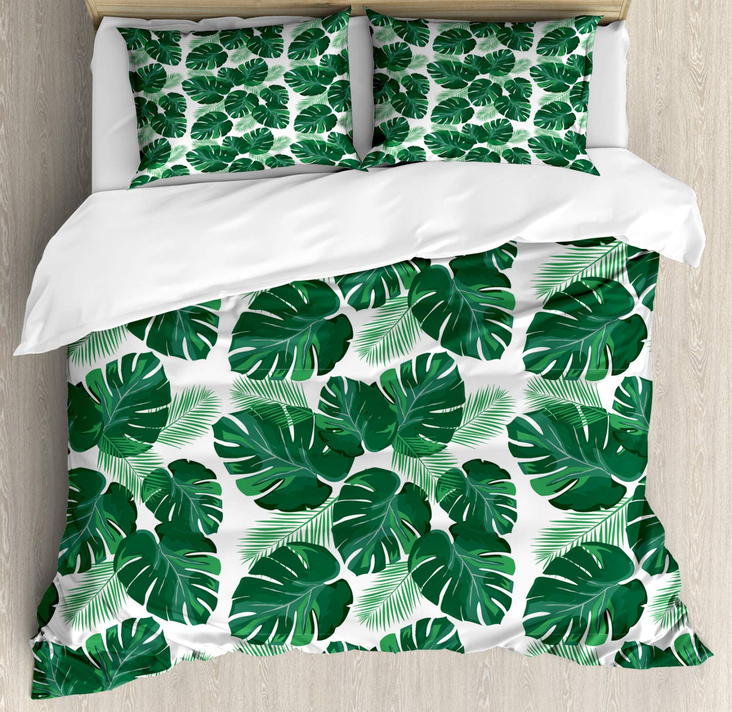 Ambesonne Monstera Leaf Duvet Cover Set - King Size 3-Piece Bedding with 2 Pillow Shams, White & Jade Green Tropical Botanical Print - Perfect for Bohemian & Jungle Theme Bedrooms