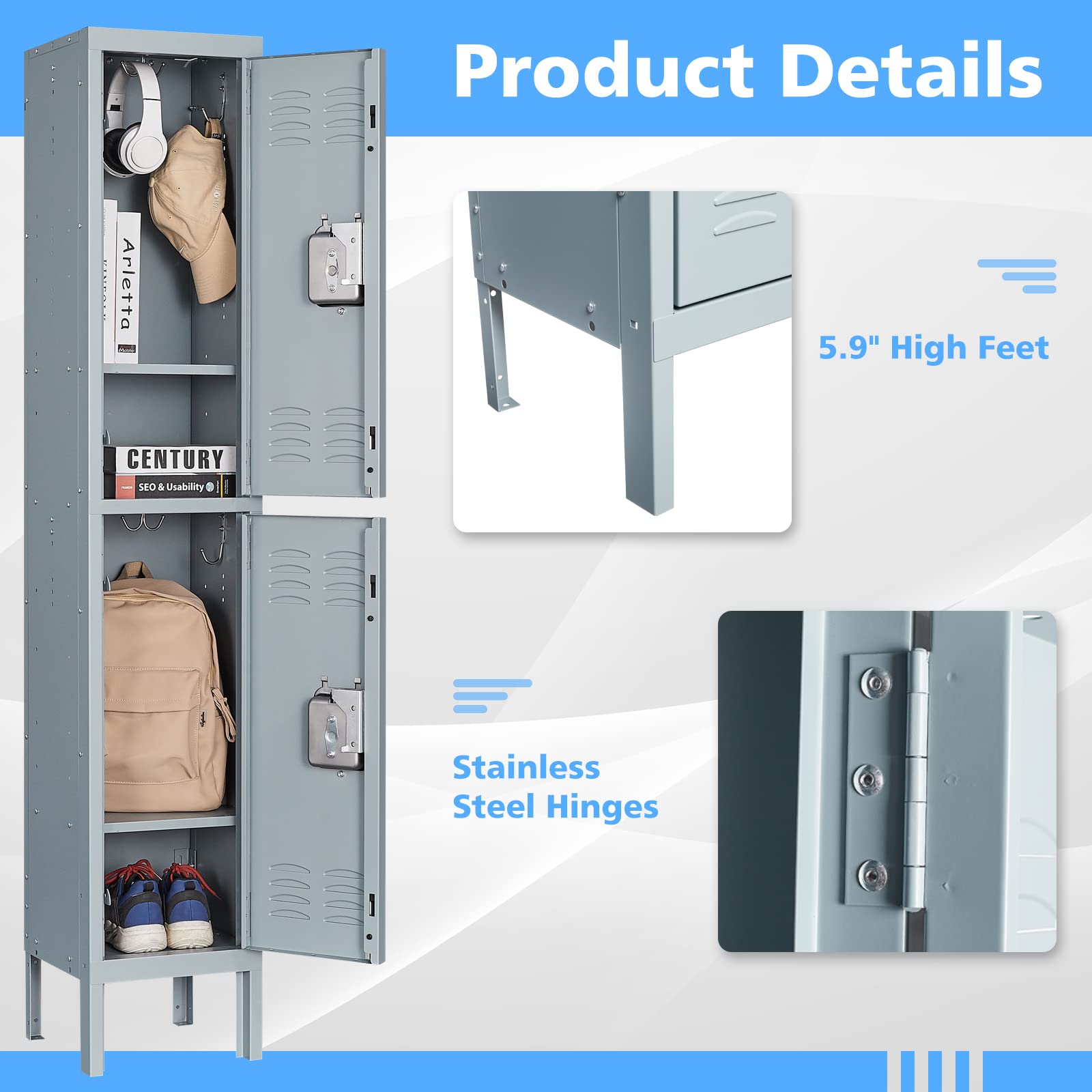 Letaya 4-Tier Metal Storage Cabinet with Locking Doors & Hooks - Secure Storage Locker for Gym, Office, Home, School - Perfect for Employee Lockers, Sports Equipment & Home Organization (2-Door, Gray)