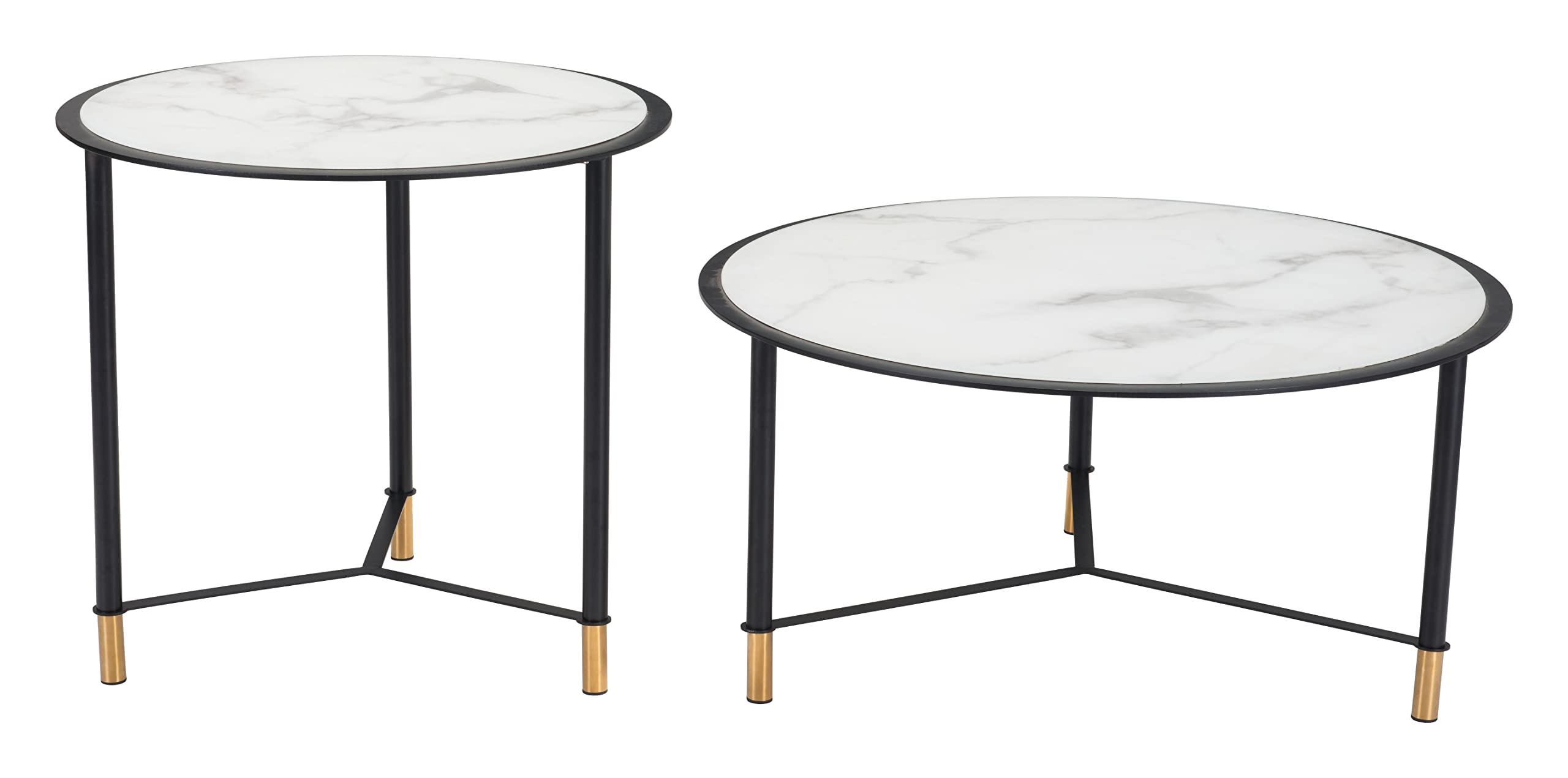 Modern Zuo Davis Coffee Table Set of 2 - Black & White Glass Top End Tables for Living Room, Lounge & Office Decor