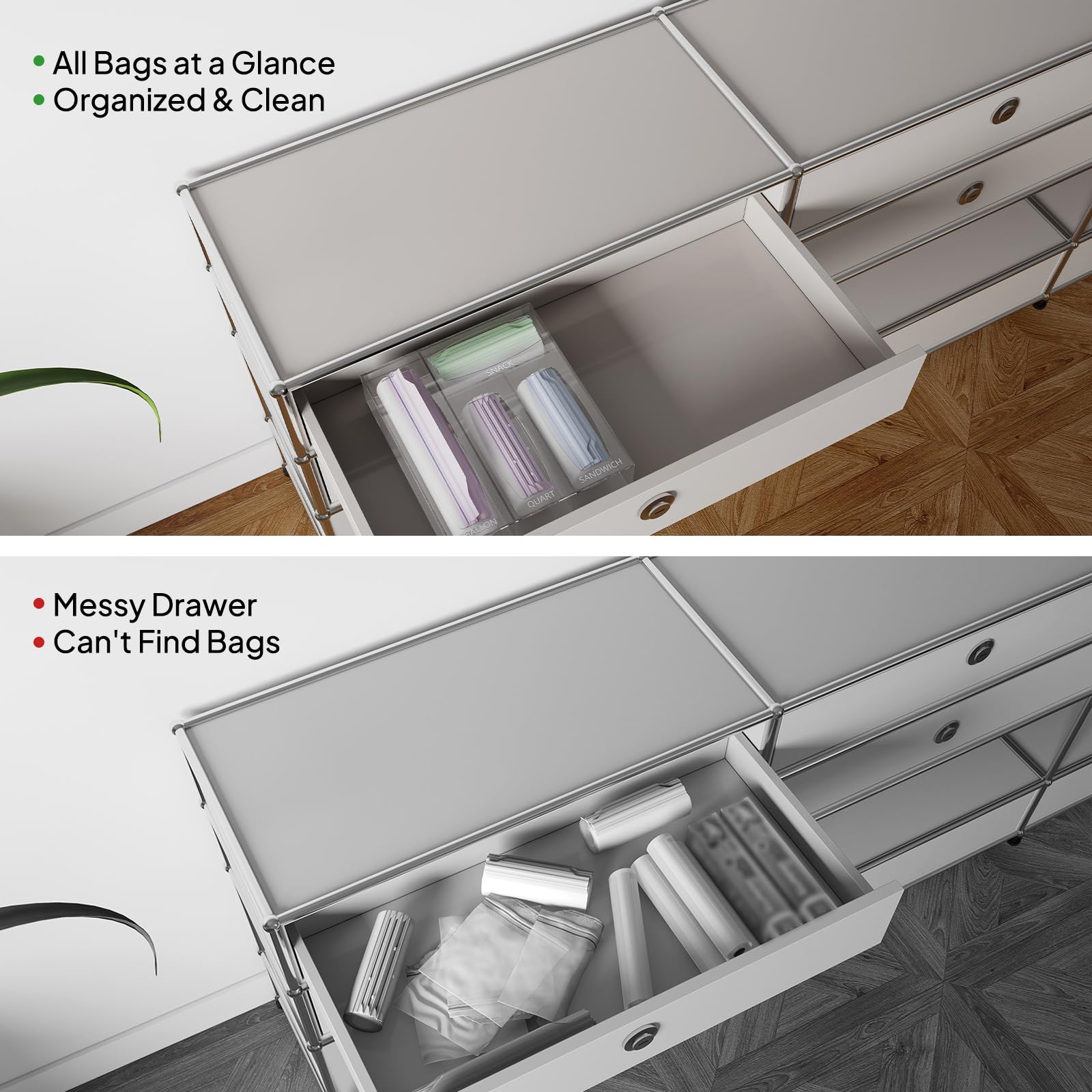 Aquiver Acrylic Bags Storage Organizer - Clear Plastic Food Storage Bags Holder & Drawer Organizer for Gallon, Quart, Sandwich, Snap, Freezer, Slider Bags - Perfect for Kitchen Pantry, Refrigerator & Cabinet Organization