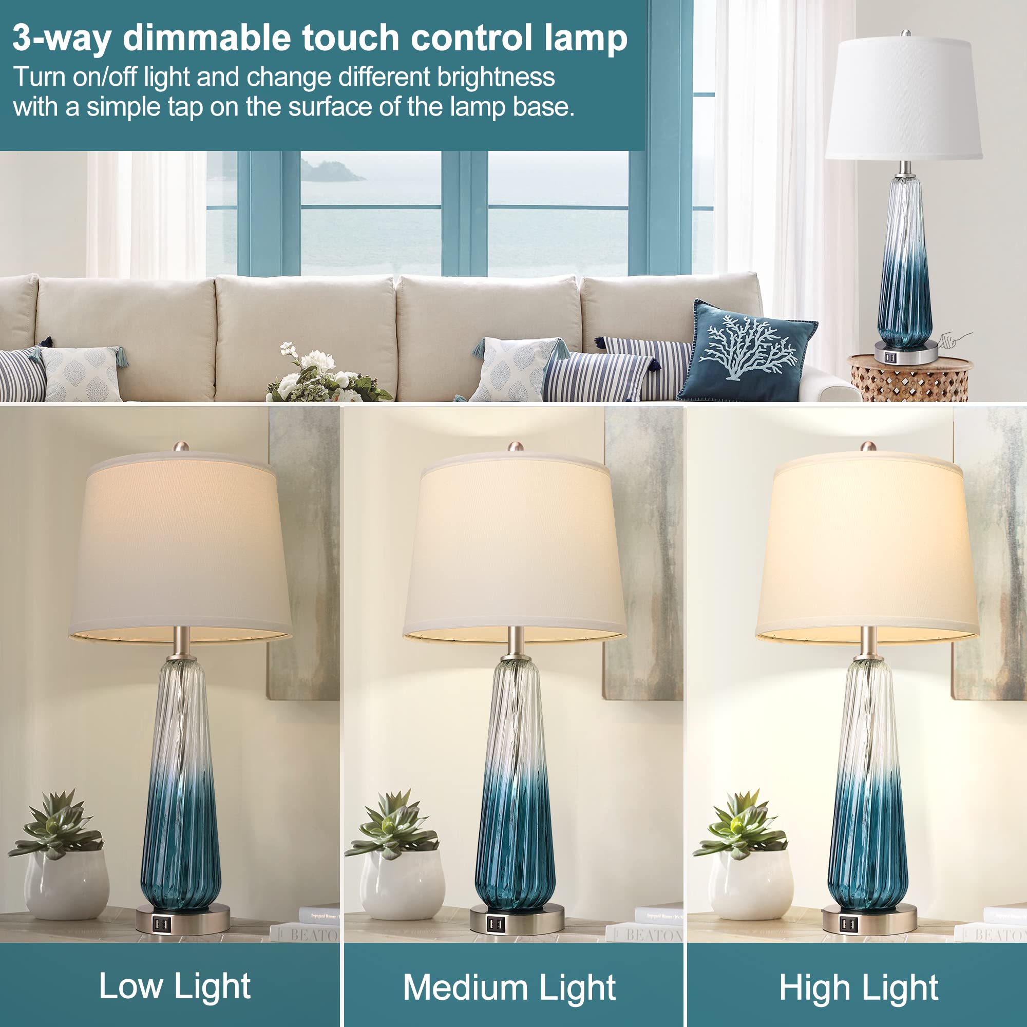 Modern Glass Table Lamps Set of 2 with Touch Control & USB A+C Ports - 3-Way Dimmable Nightstand Lamps with White Fabric Shade, 27.5