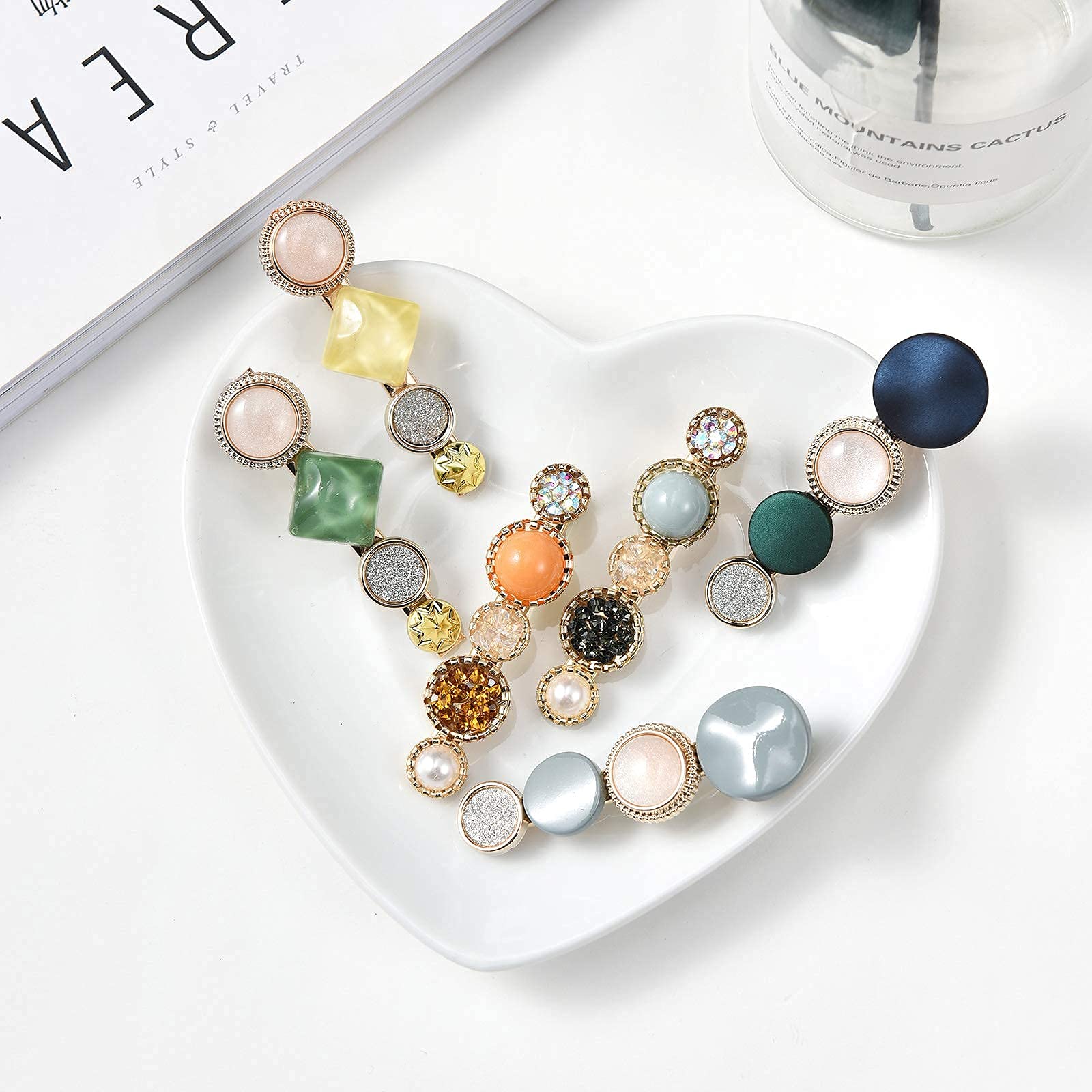 Mehayi 20 PCS Handmade Macaron Pearls & Acrylic Resin Hair Clips - Cute Hair Barrettes, Bobby Pins with Glitter Crystal Geometric Design, Elegant Gold Hair Accessories for Women & Girls (Perfect for Weddings, Parties & Daily Styling)