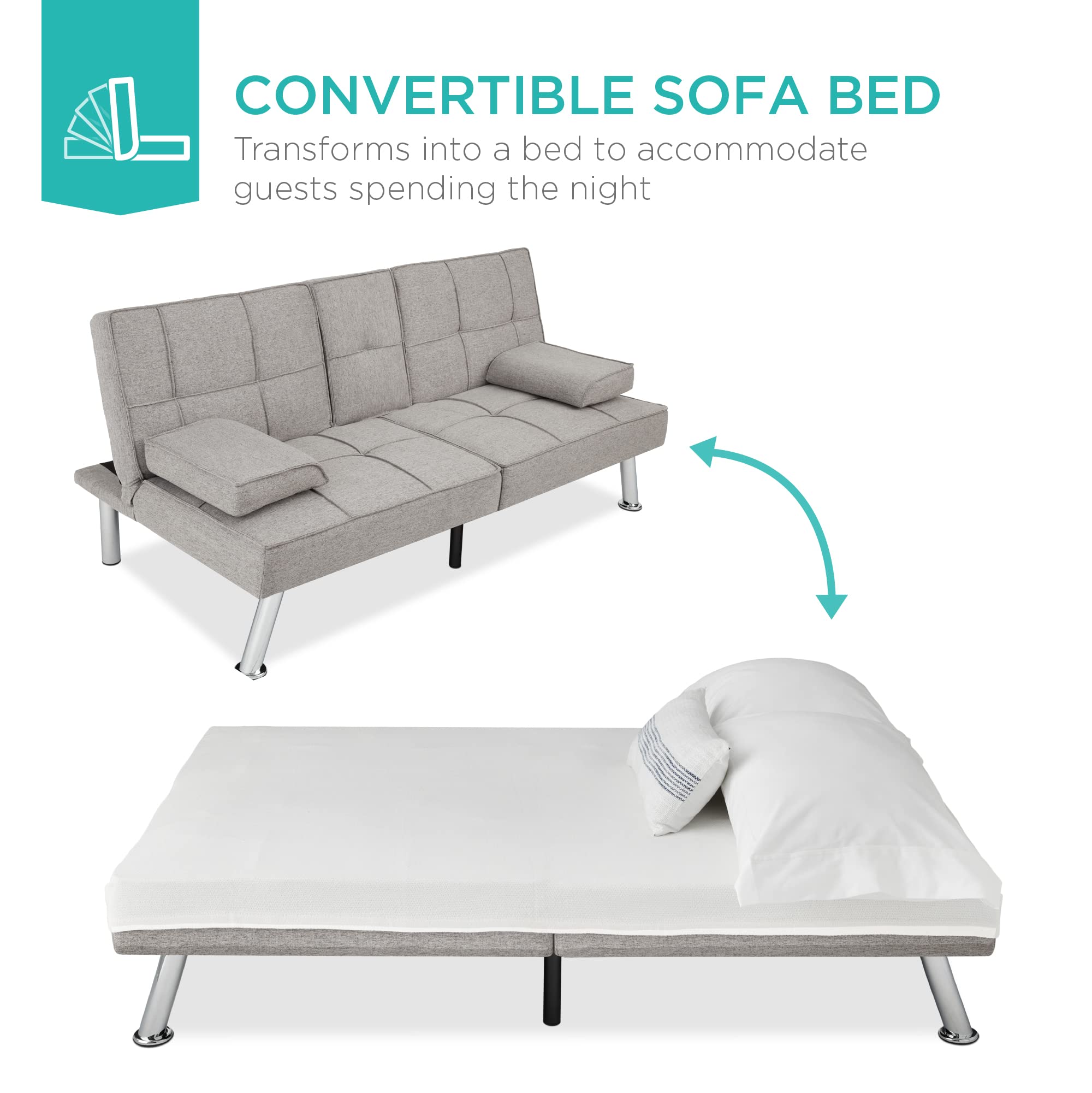 Best Choice Products Modern Folding Futon Sofa Bed - Light Gray Linen Recliner with Removable Armrests & 2 Cup Holders for Small Spaces, Apartments, Dorms | Perfect for Guest Beds, Lounging & Studio Living