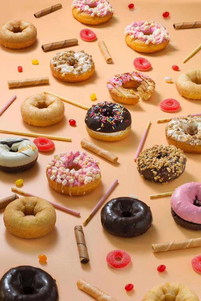 Vibrant Glazed Donuts Candy & Snacks Wall Art Print - 24x36 Inch Colorful Food Photography Poster for Kitchen, Diner & Cafe Decor