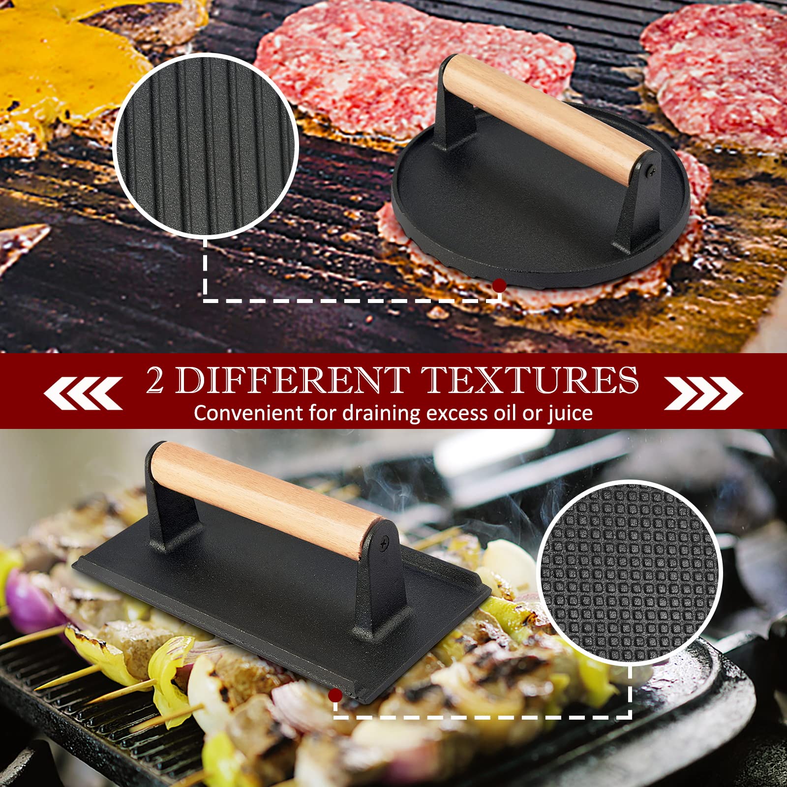 HaSteel 2-Piece Cast Iron Bacon Press Set - Heavy Duty 7