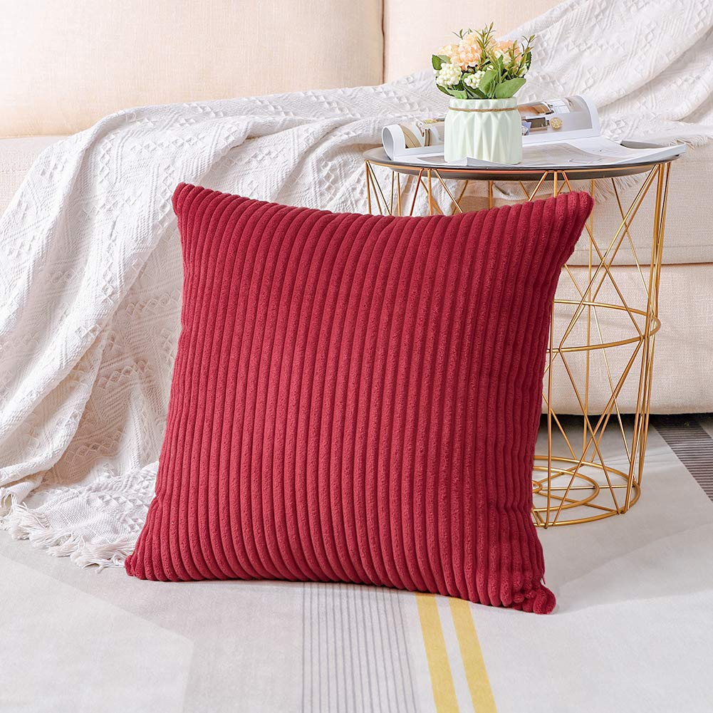 Artscope Cozy Striped Corduroy Pillow Covers 16x16 Inches - Super Soft Decorative Square Throw Pillow Cases for Sofa, Couch, Bed & Car - Burgundy - Perfect for Home Decor, Living Room Accent & Cozy Comfort