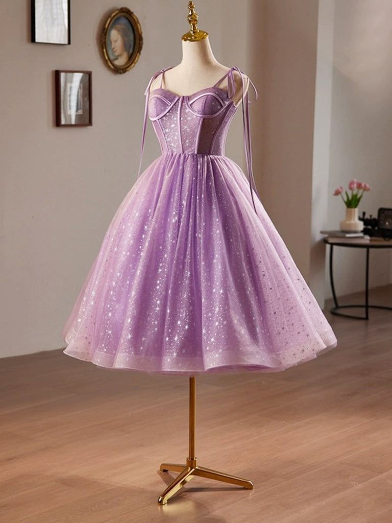 Elegant A-Line Sweetheart Neck Tulle Lace Short Purple Prom Dress for Homecoming, Evening Party, and Special Occasions