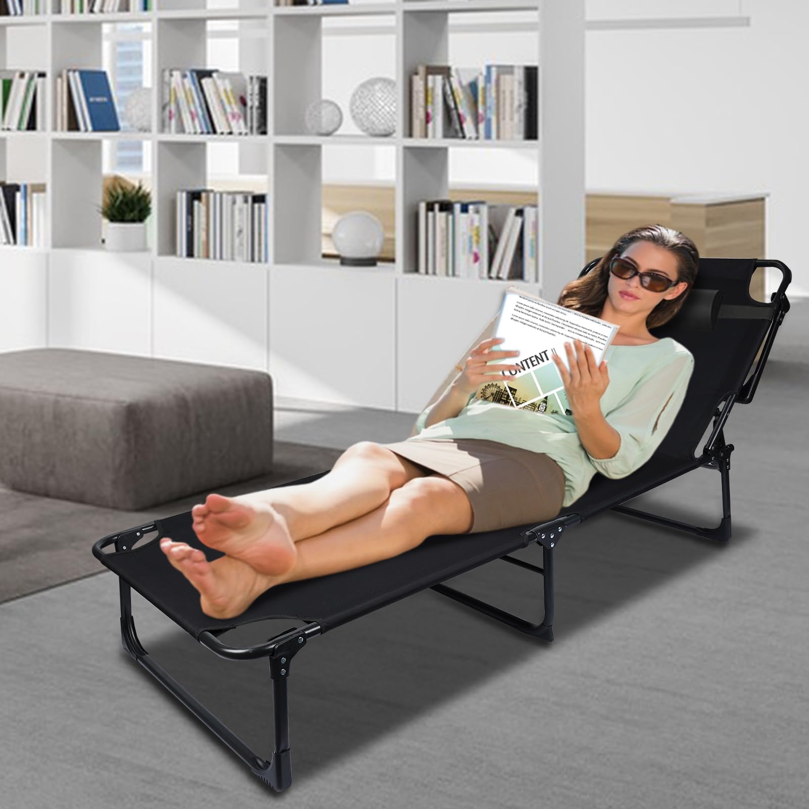 Adjustable 4-Position Reclining Folding Camping Cot for Adults with Pillow - Portable Outdoor Lounge Chair & Sleeping Bed - Perfect for Camping, Backyard, Beach, Poolside & Office Nap (Black)