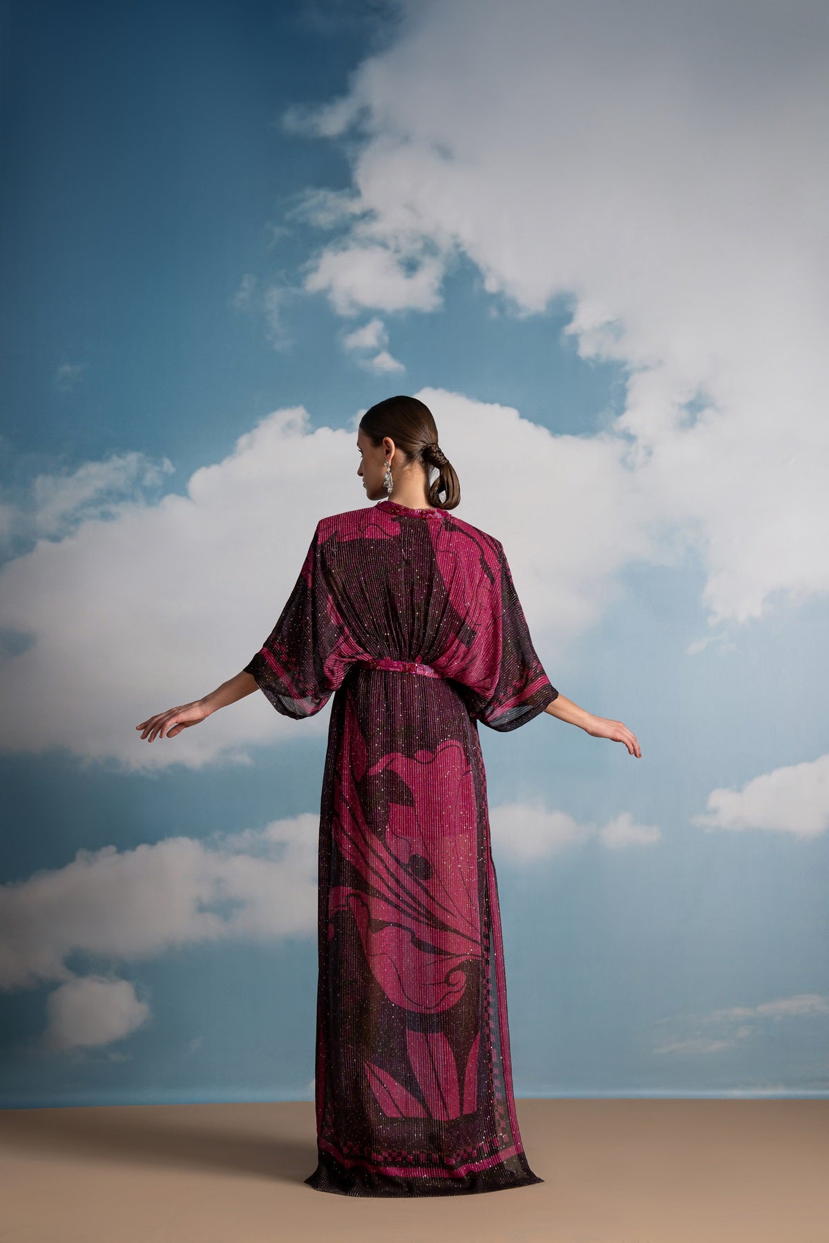 Elegant Fuchsia Pink Swirl Printed Kaftan with Beaded Embroidery - Perfect for Beach Cover-Up, Summer Parties & Boho Fashion
