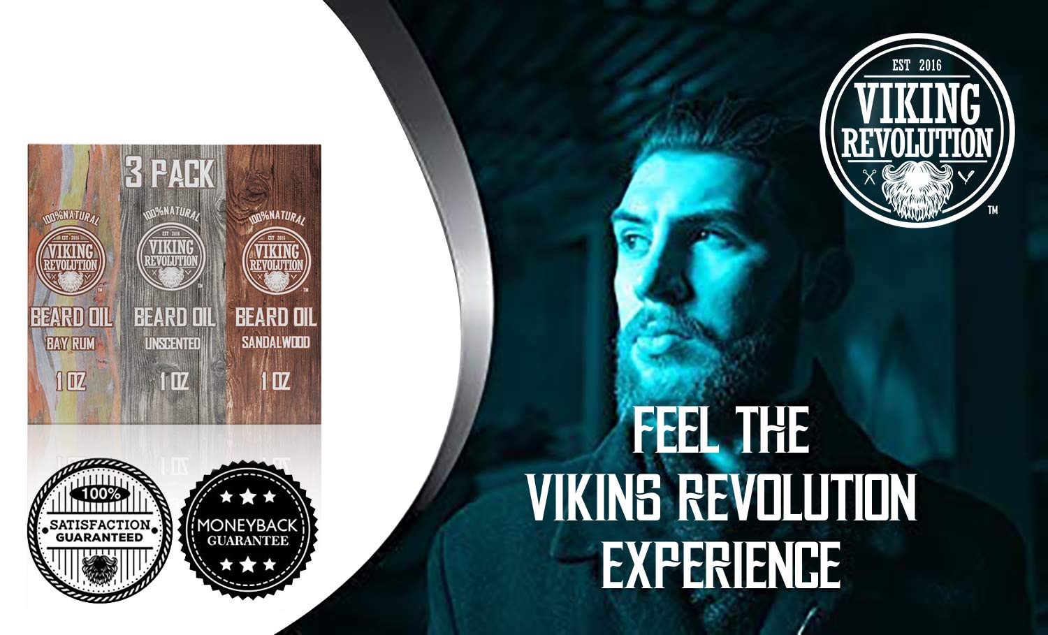 Viking Revolution Beard Oil for Men 3 Pack - Natural Sandalwood, Unscented & Bay Rum Beard Oil Set - Conditioning & Moisturizing Treatment for Healthy Facial Hair - Perfect for Daily Grooming, Beard Care Routine & Gift for Men (3 x 1oz)