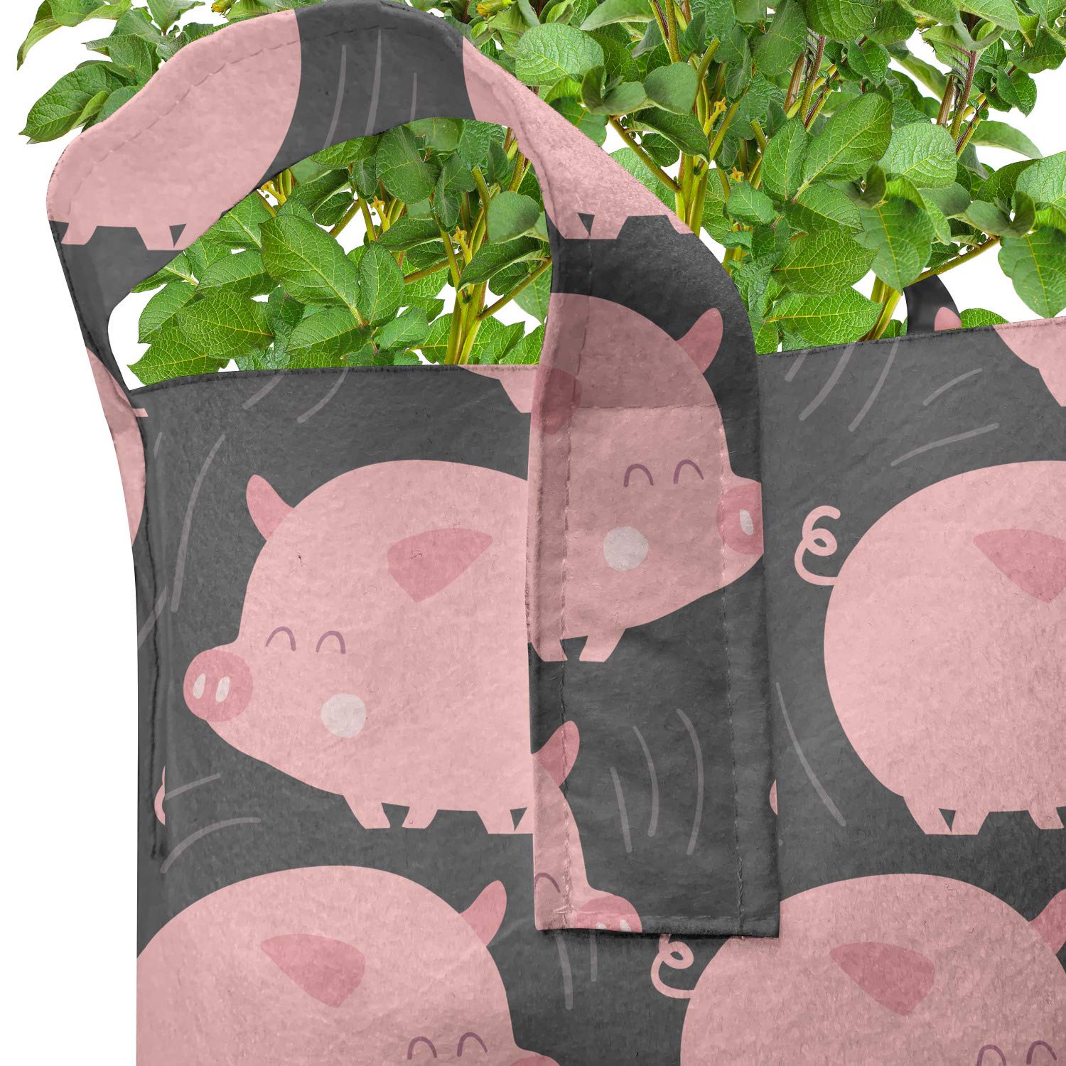 Lunarable Cartoon Grow Bags 5-Pack - Smiling Cheerful Pig Design Heavy Duty Fabric Plant Pots with Handles for Indoor/Outdoor Gardening (Grey & Blush) - Perfect for Vegetables, Flowers & Herbs
