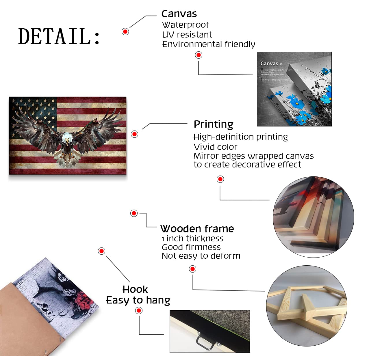 Handmade Wooden American Flag Wall Art - Patriotic Home Decor for Living Room, Bedroom & Office - Military & Army Themed Bald Eagle Design (28