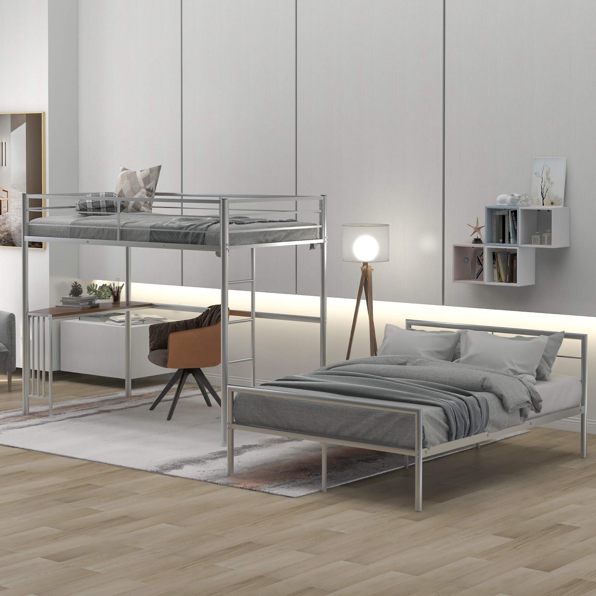 Metal Loft Bunk Bed with Desk, Ladder & Safety Rail - Twin Over Full Convertible Bunk Bed Frame for Kids & Teens - Space-Saving Study & Sleep Solution - Separates into 2 Individual Beds - Ideal for Small Bedrooms, Dorms & Online Learning (Silver)