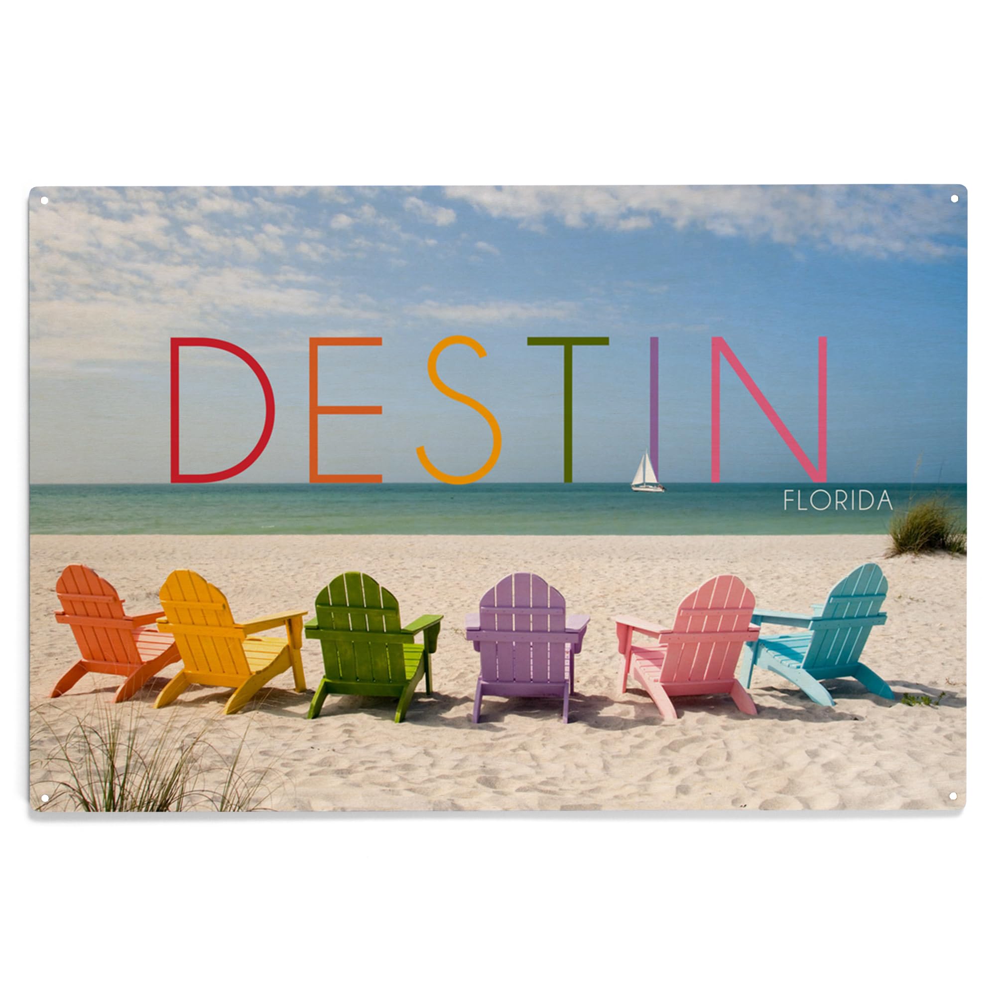 Lantern Press 10x15 Inch Wooden Wall Sign - Ready to Hang Coastal Decor Featuring Colorful Beach Chairs in Destin, Florida - Perfect for Beach House, Living Room or Porch Decoration