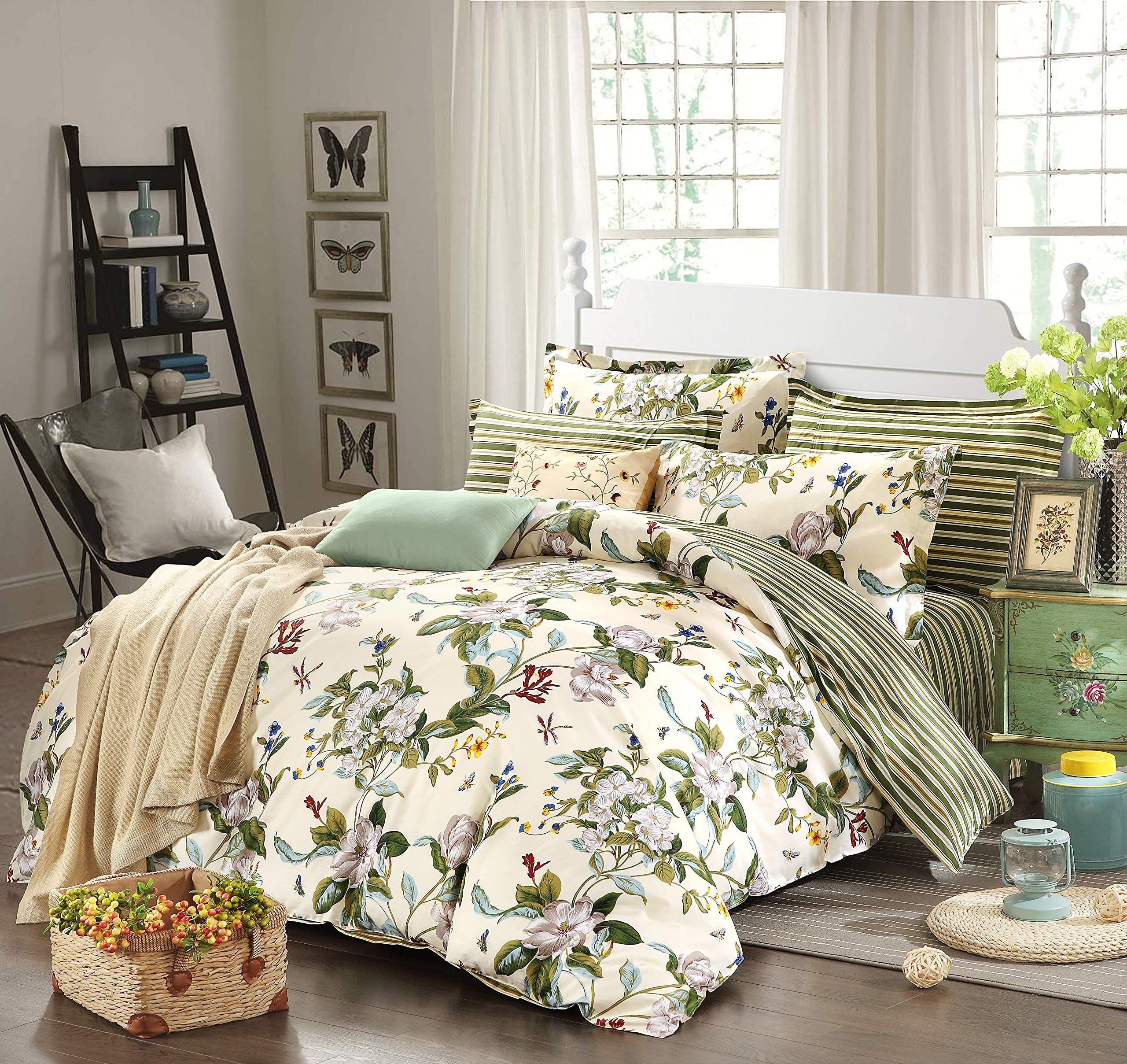 FADFAY 100% Cotton Floral Duvet Cover Set - Green Beige Striped Shabby Chic Queen Size Bedding with Deep Pocket Sheets (7-Piece Set) for Cozy Bedroom Decor & Guest Room Makeover