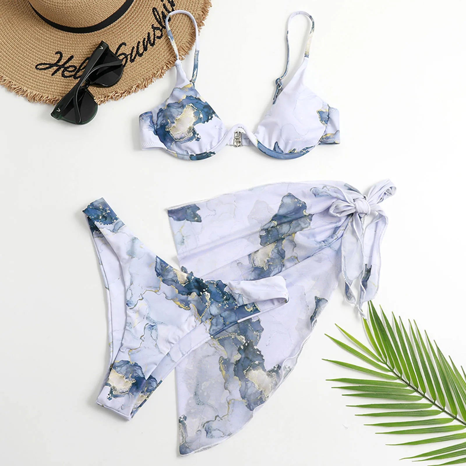 Sexy Women's Two Piece Bikini Swimsuit with Sarong Cover Up - Deep V Neck Sling Hawaiian Bathing Suit for Beach, Pool & Vacation