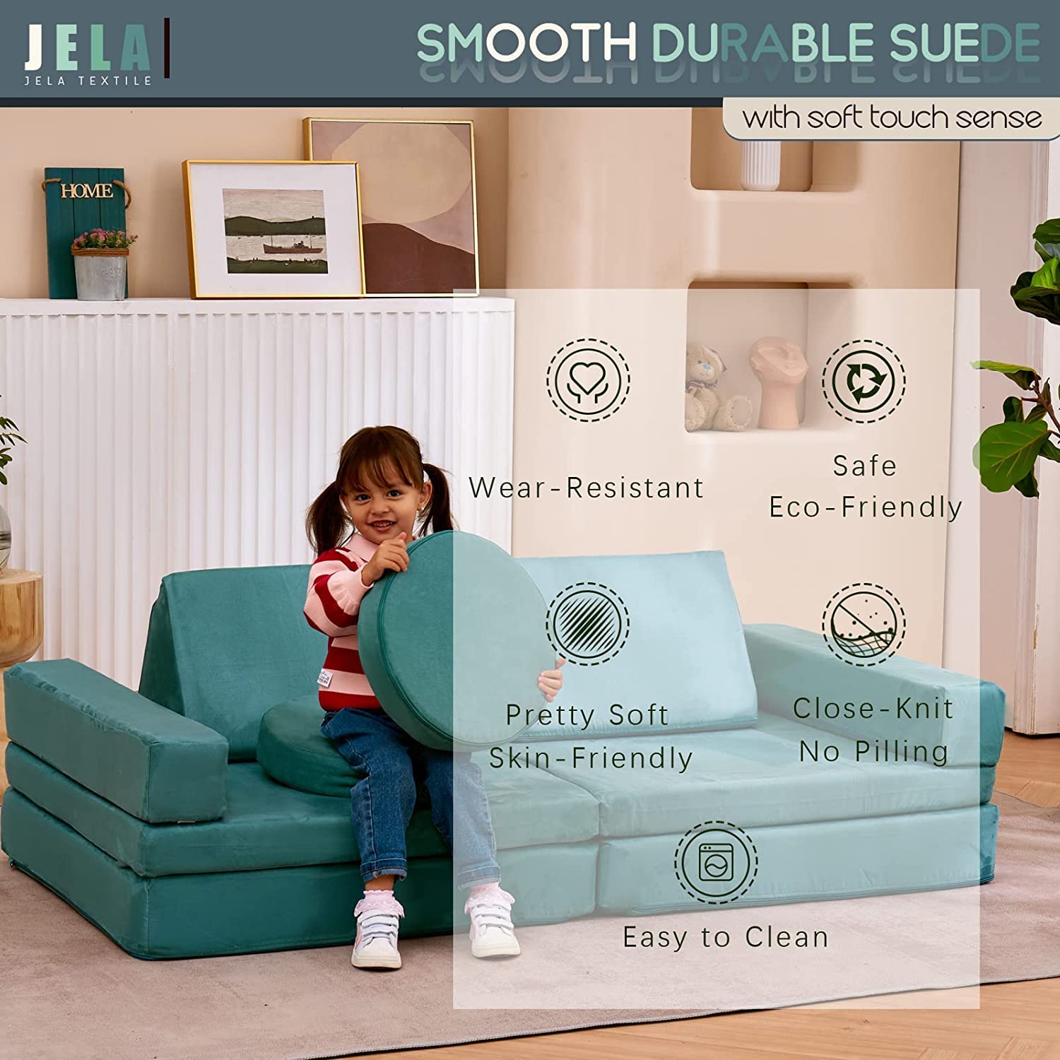 Jela Modular Sectional Sofa - 10PCS Extended Size Floor Couch with Futons, Foam Play Furniture for Kids & Adults (Light Blue) - Perfect for Playrooms, Living Rooms & Small Spaces