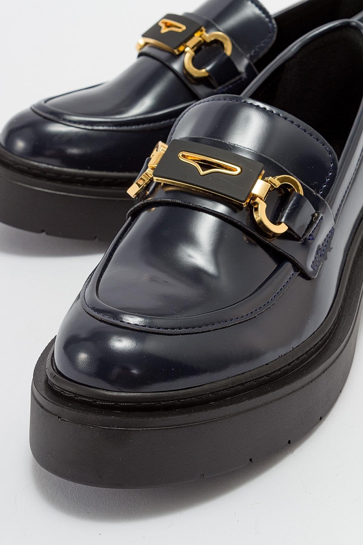 Simone Navy Patent Leather Bit Platform Loafers for Women - Stylish & Comfortable Dress Shoes for Work, Office, and Casual Outfits